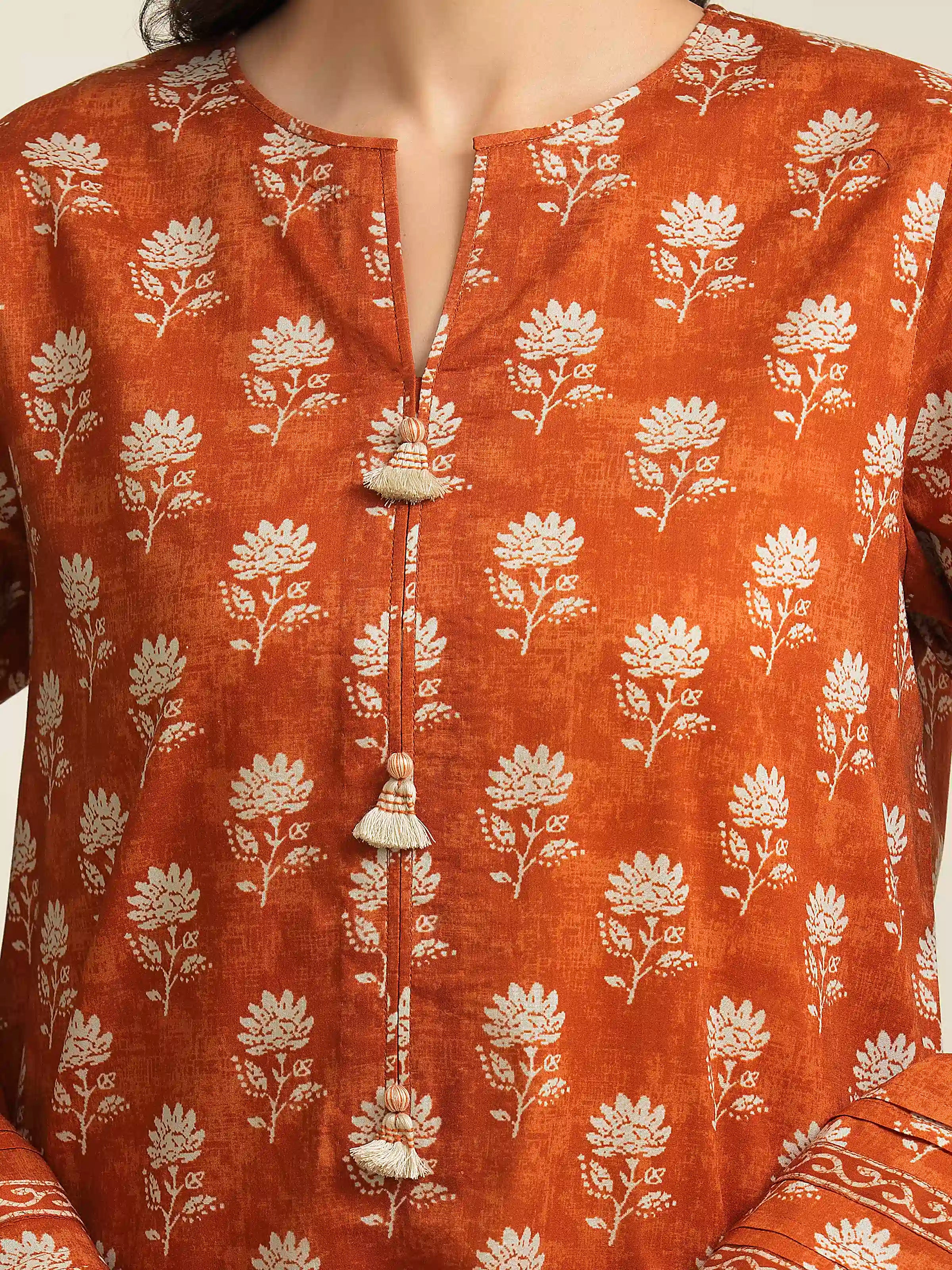 3 Piece Unstitched Lawn Suit Dark Orange Printed