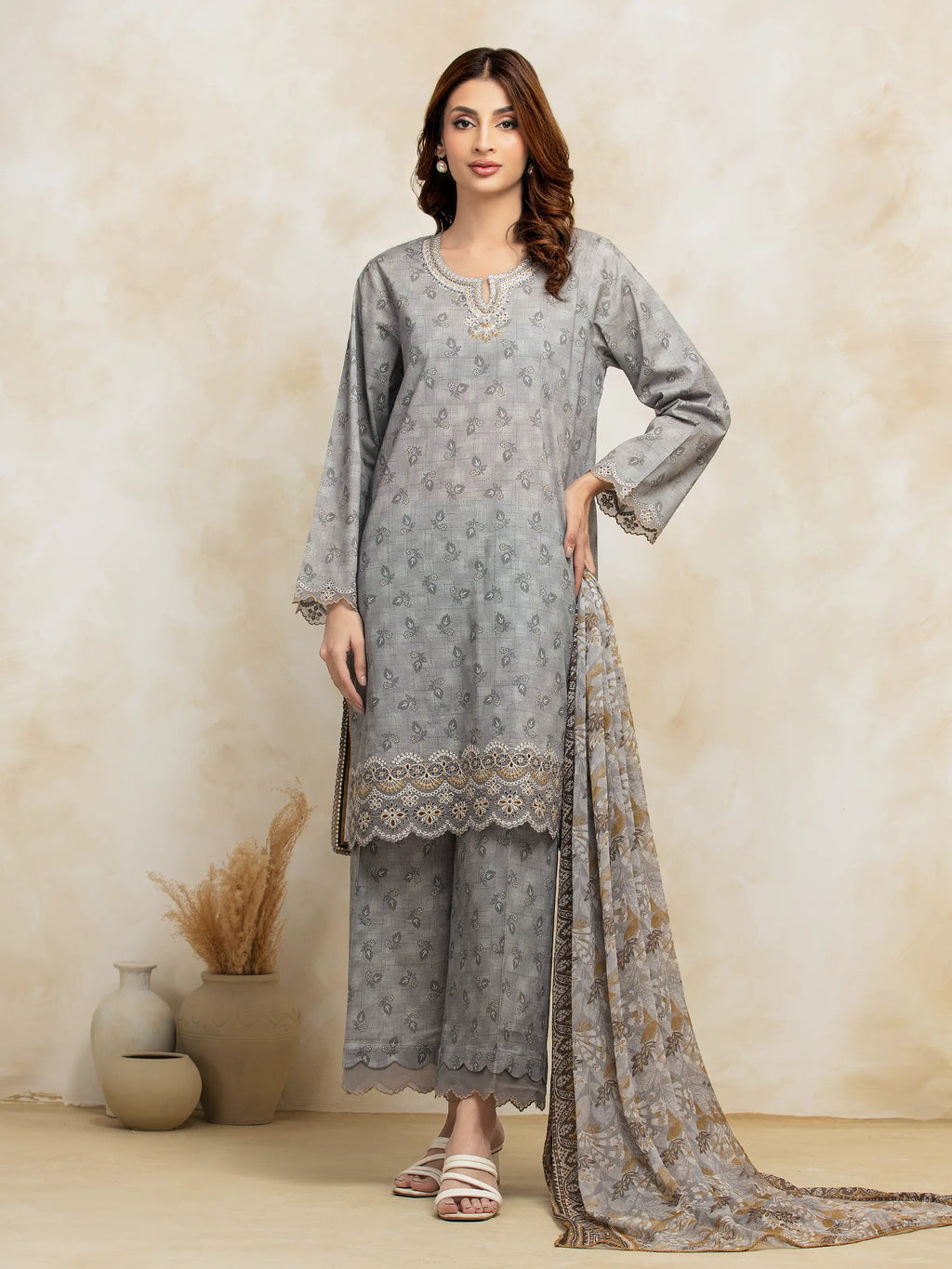 Unstitched Grey Embroidered Lawn 3 Piece