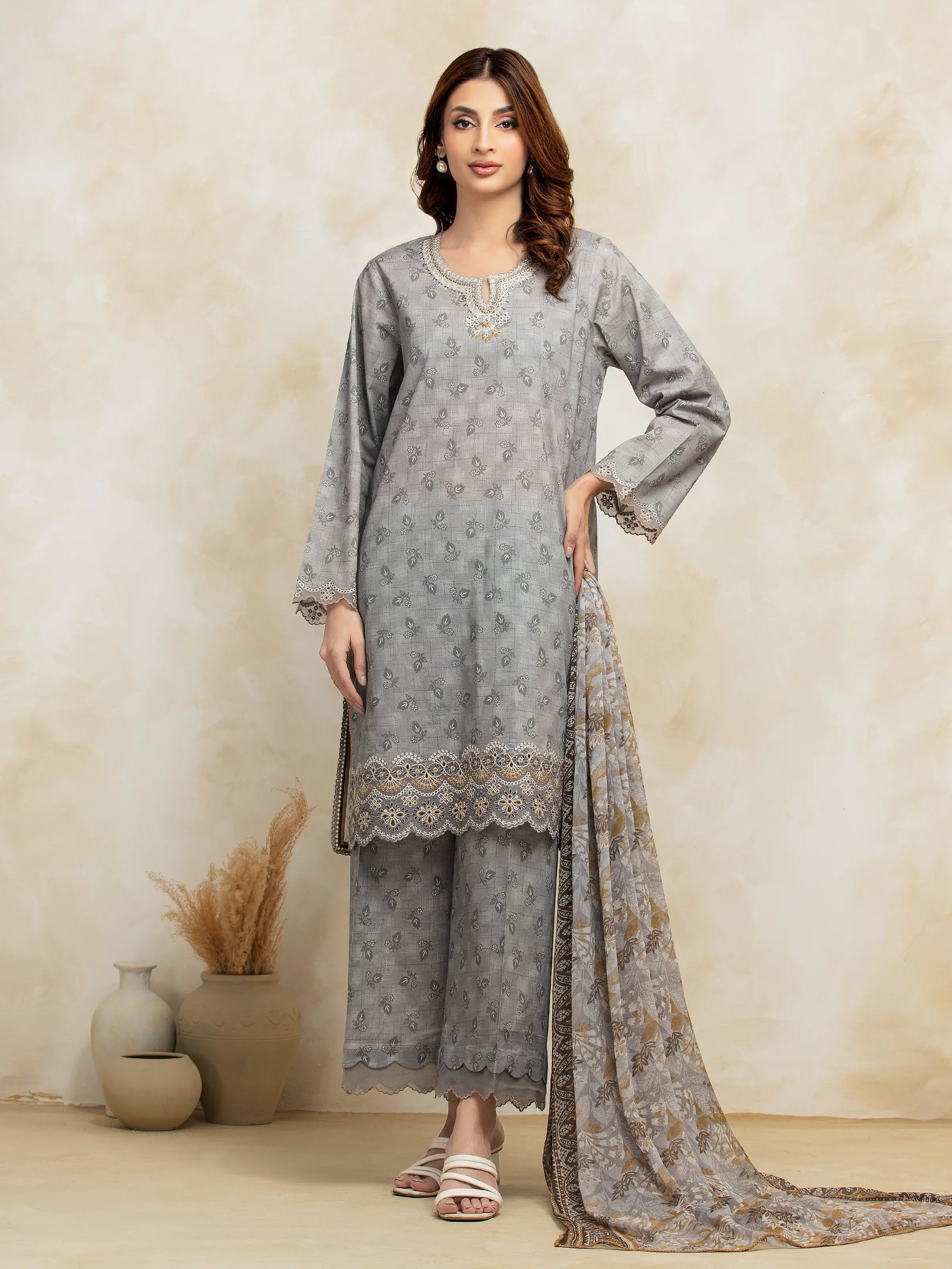 Unstitched Grey Embroidered Lawn 3 Piece