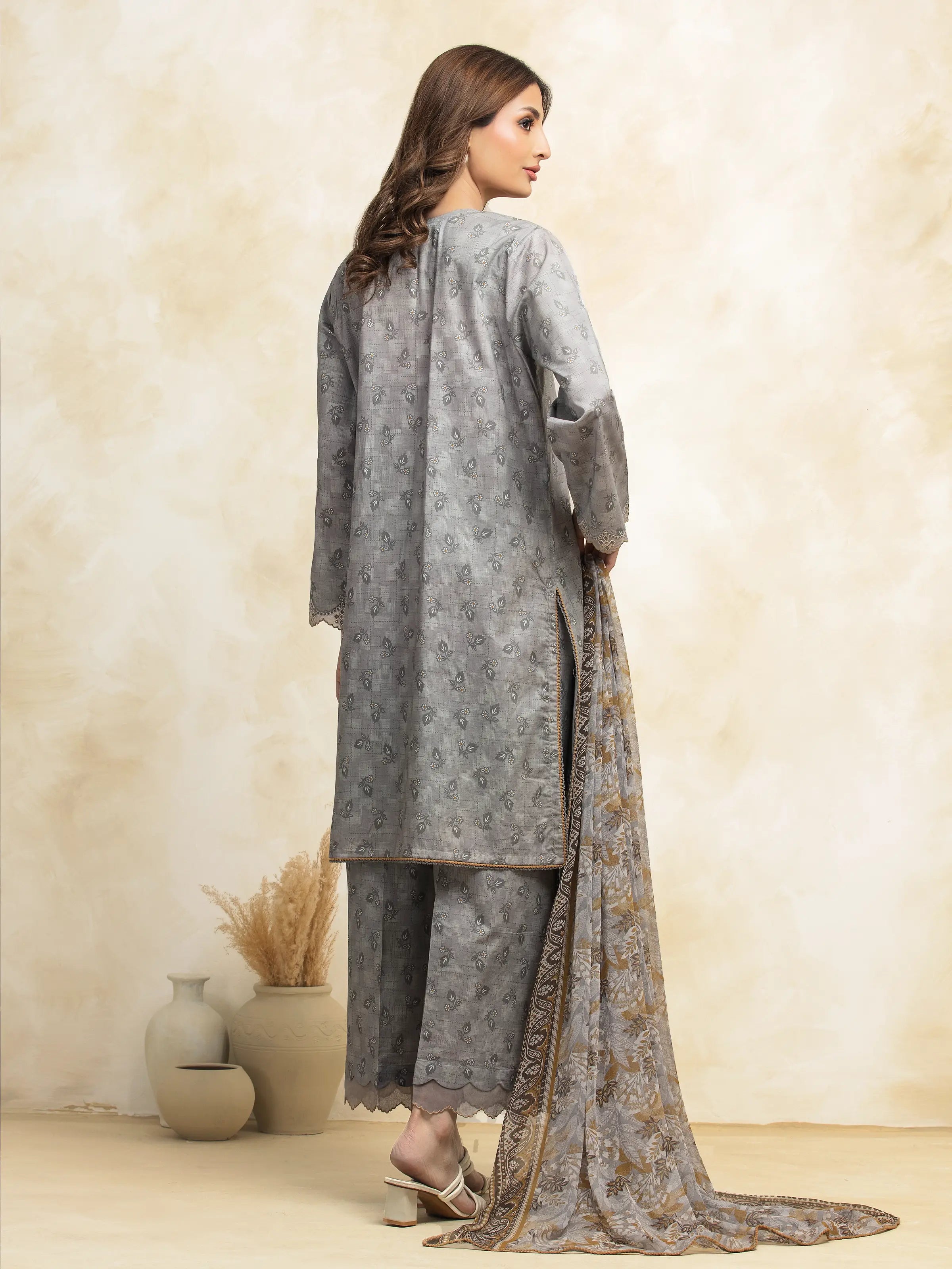 Unstitched Grey Embroidered Lawn 3 Piece