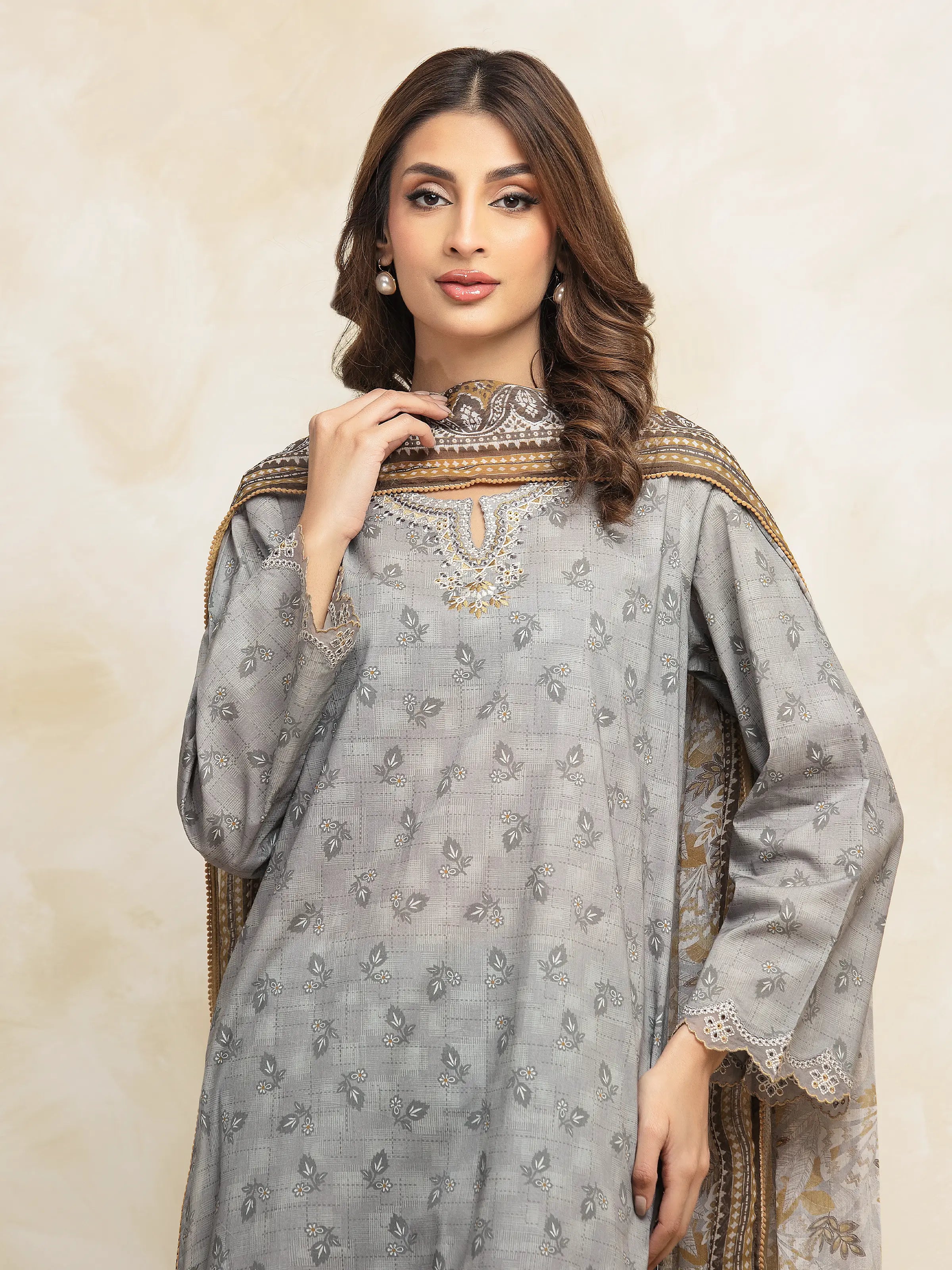 Unstitched Grey Embroidered Lawn 3 Piece