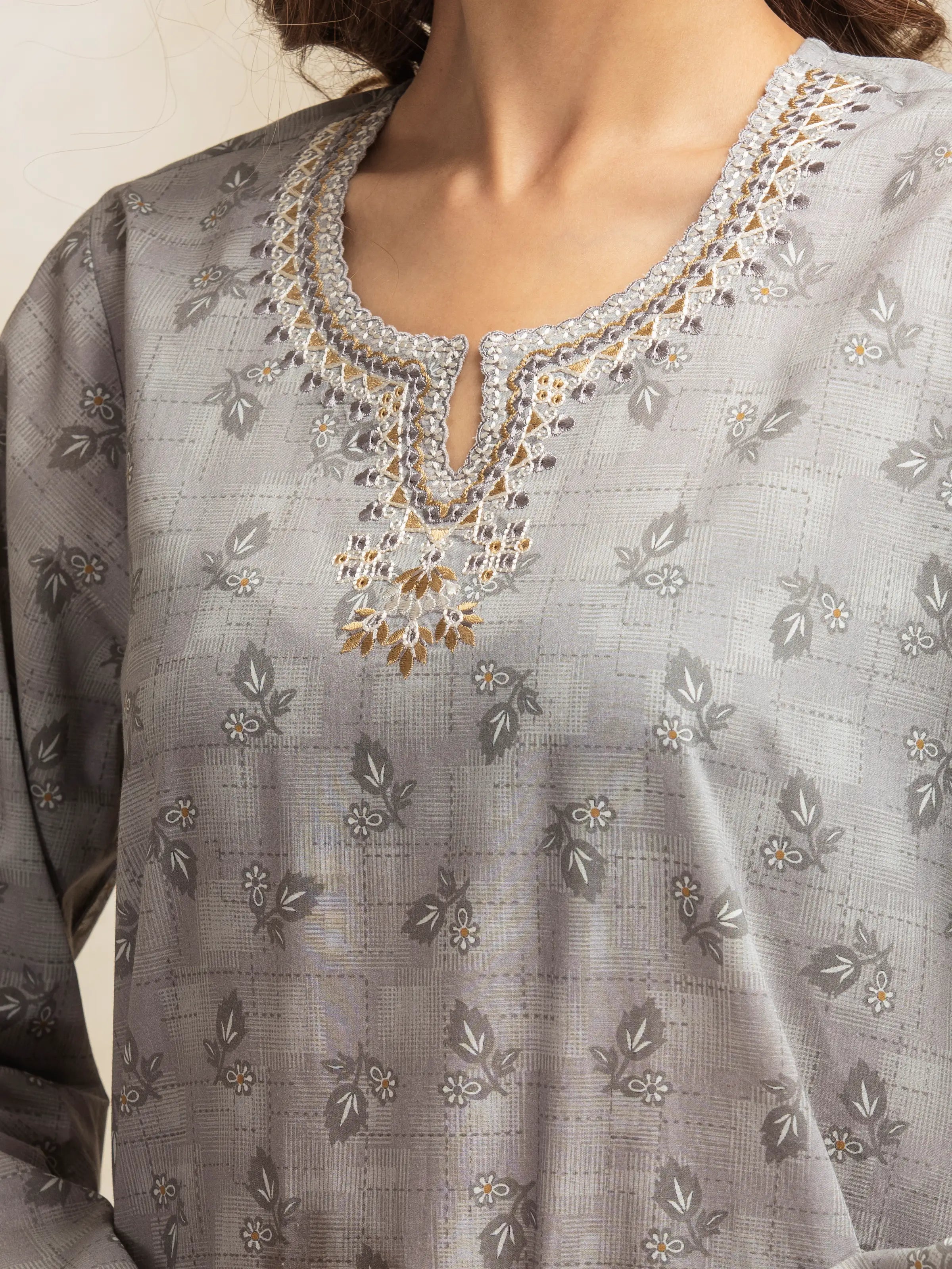 Unstitched Grey Embroidered Lawn 3 Piece