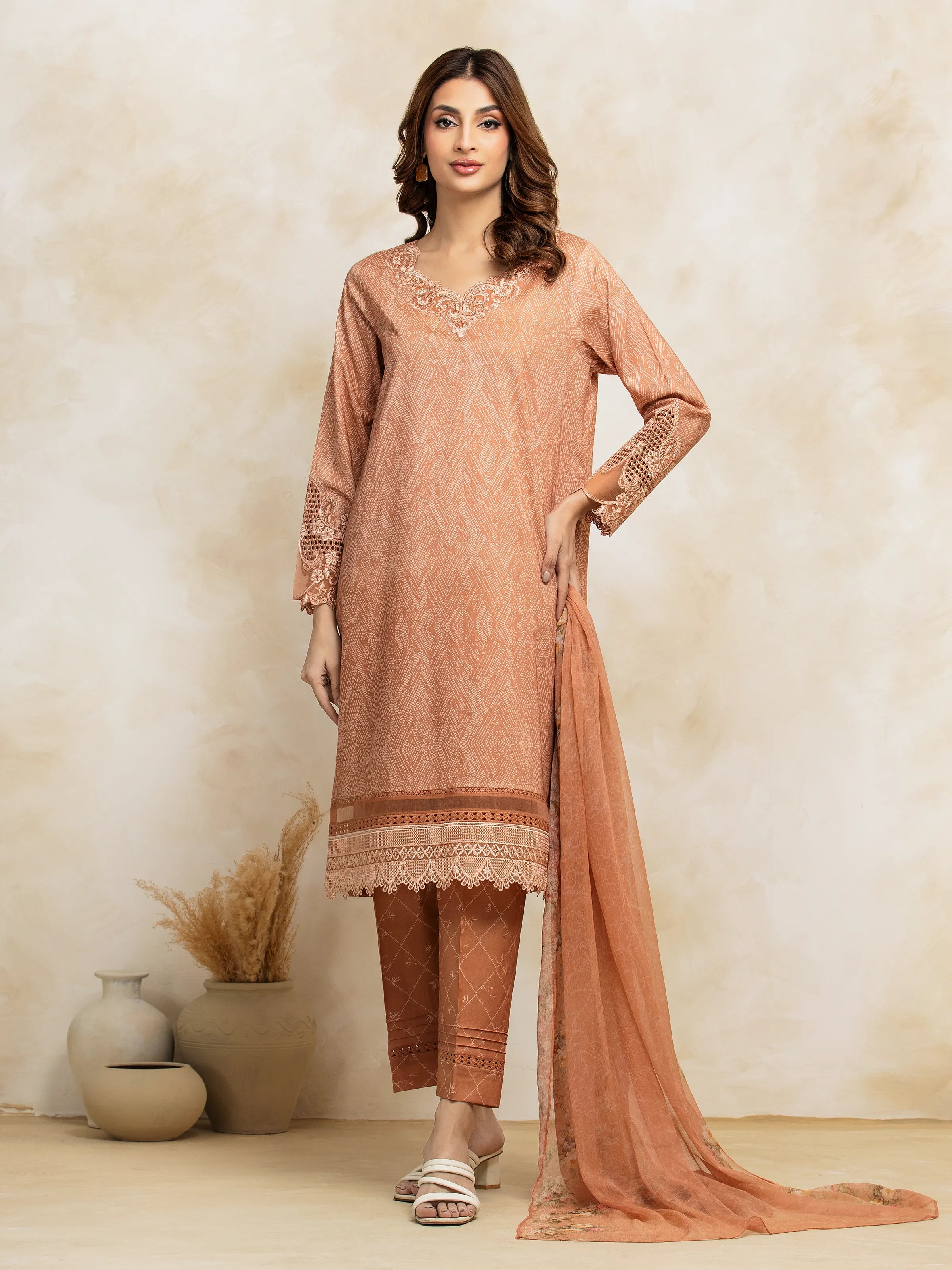 Unstitched Dark Peach Embroidered Lawn 3 Piece