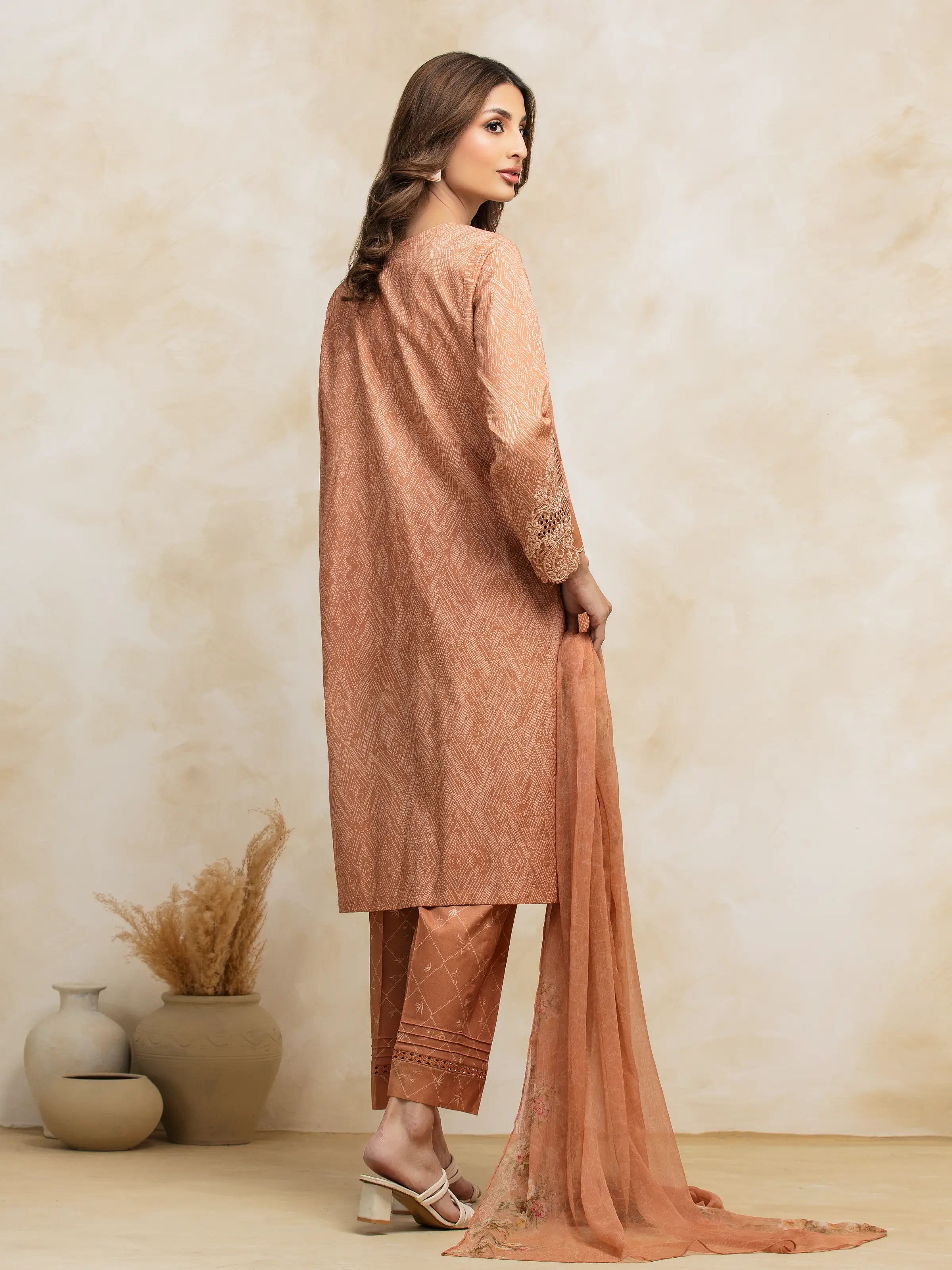 Unstitched Dark Peach Embroidered Lawn 3 Piece