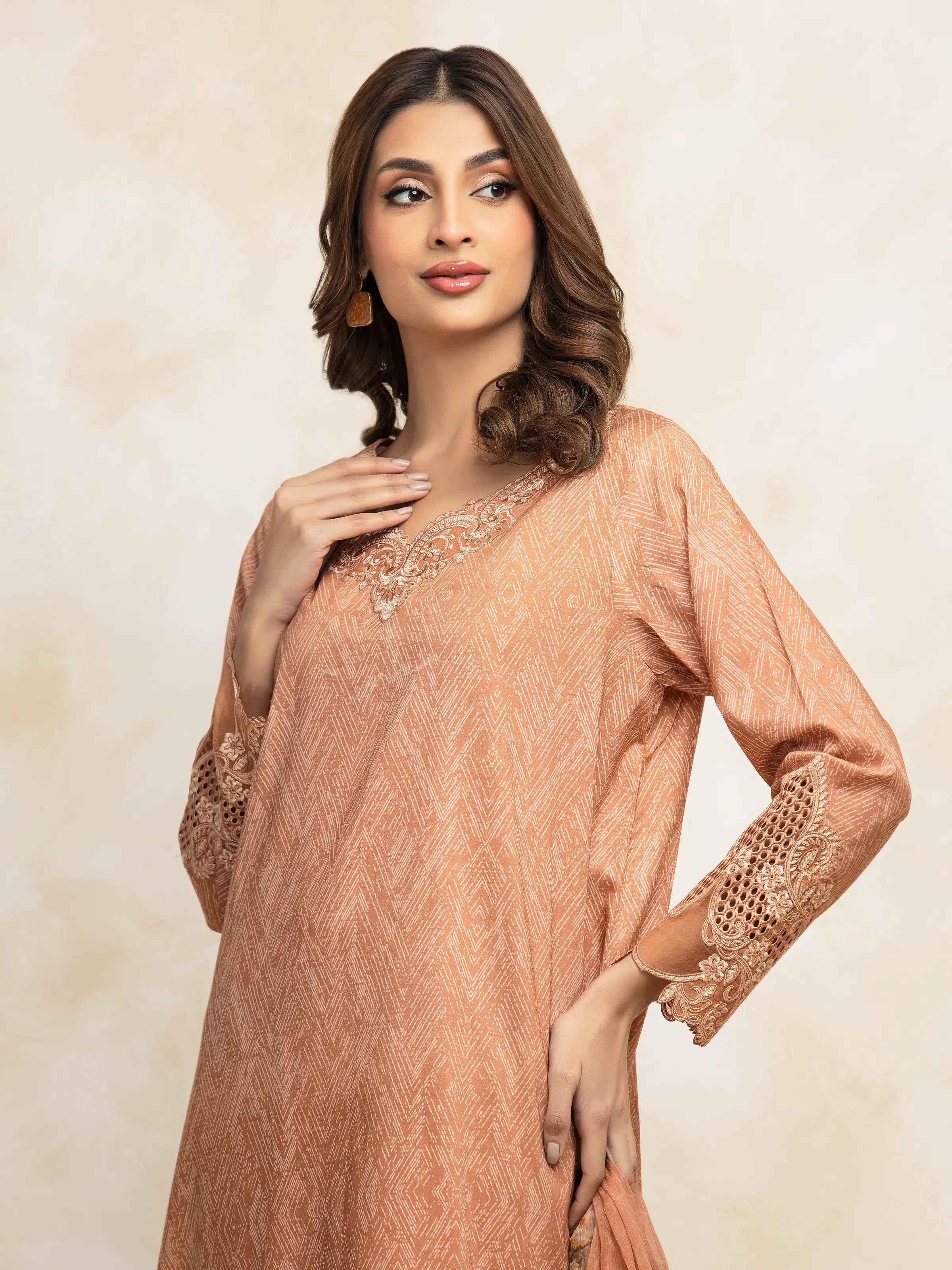 Unstitched Dark Peach Embroidered Lawn 3 Piece