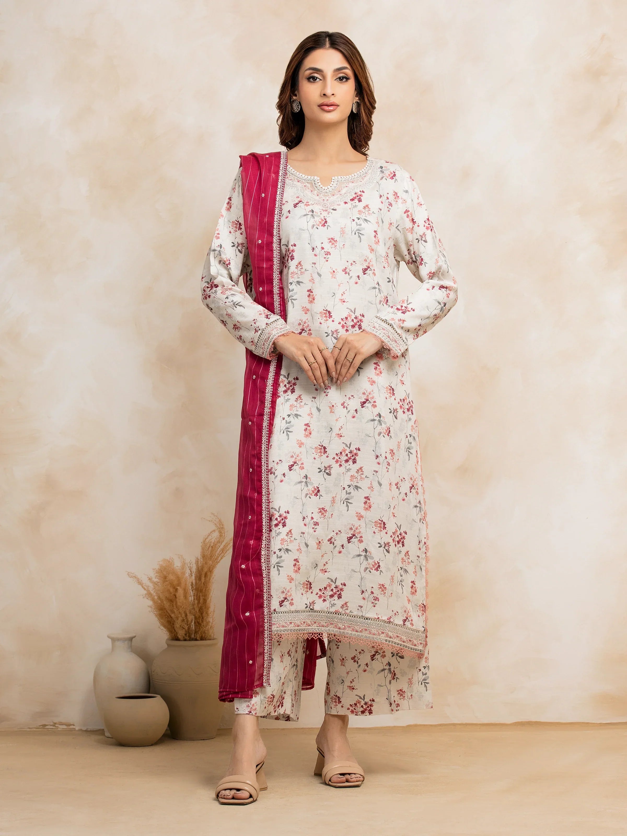 Unstitched Off White Embroidered Raw Silk 3 Piece