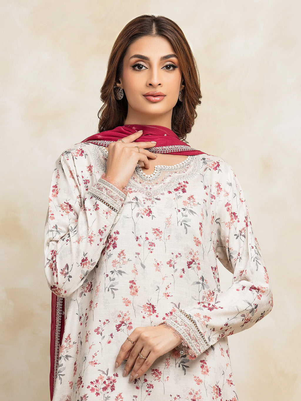 Unstitched Off White Embroidered Raw Silk 3 Piece
