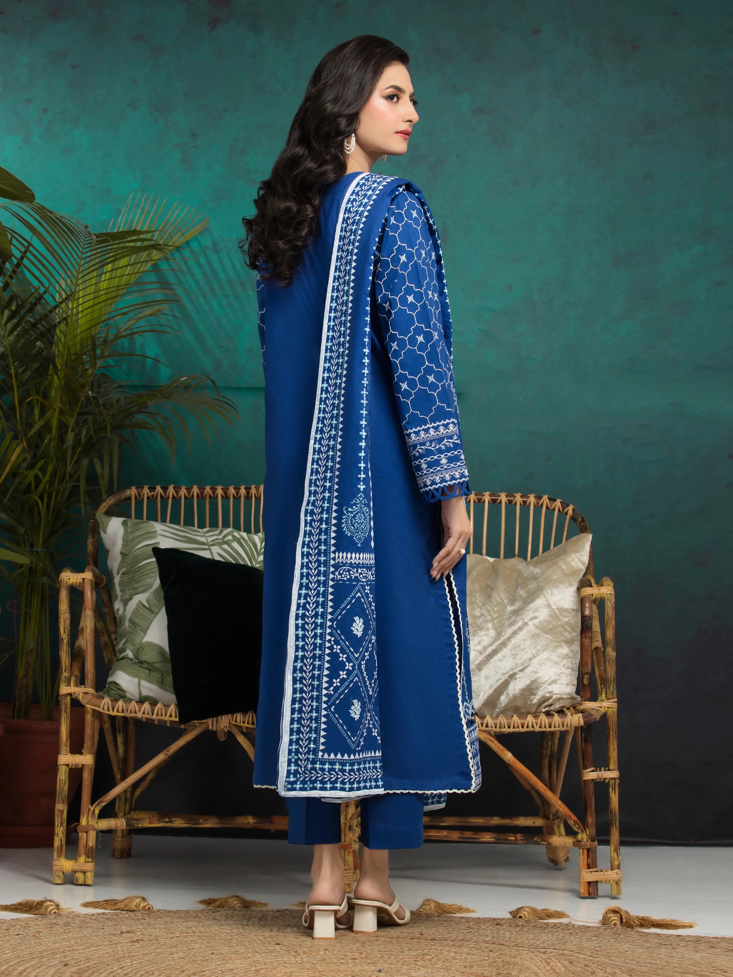 URB Unstitched Royal Blue Embroidered Cambric 3 Piece