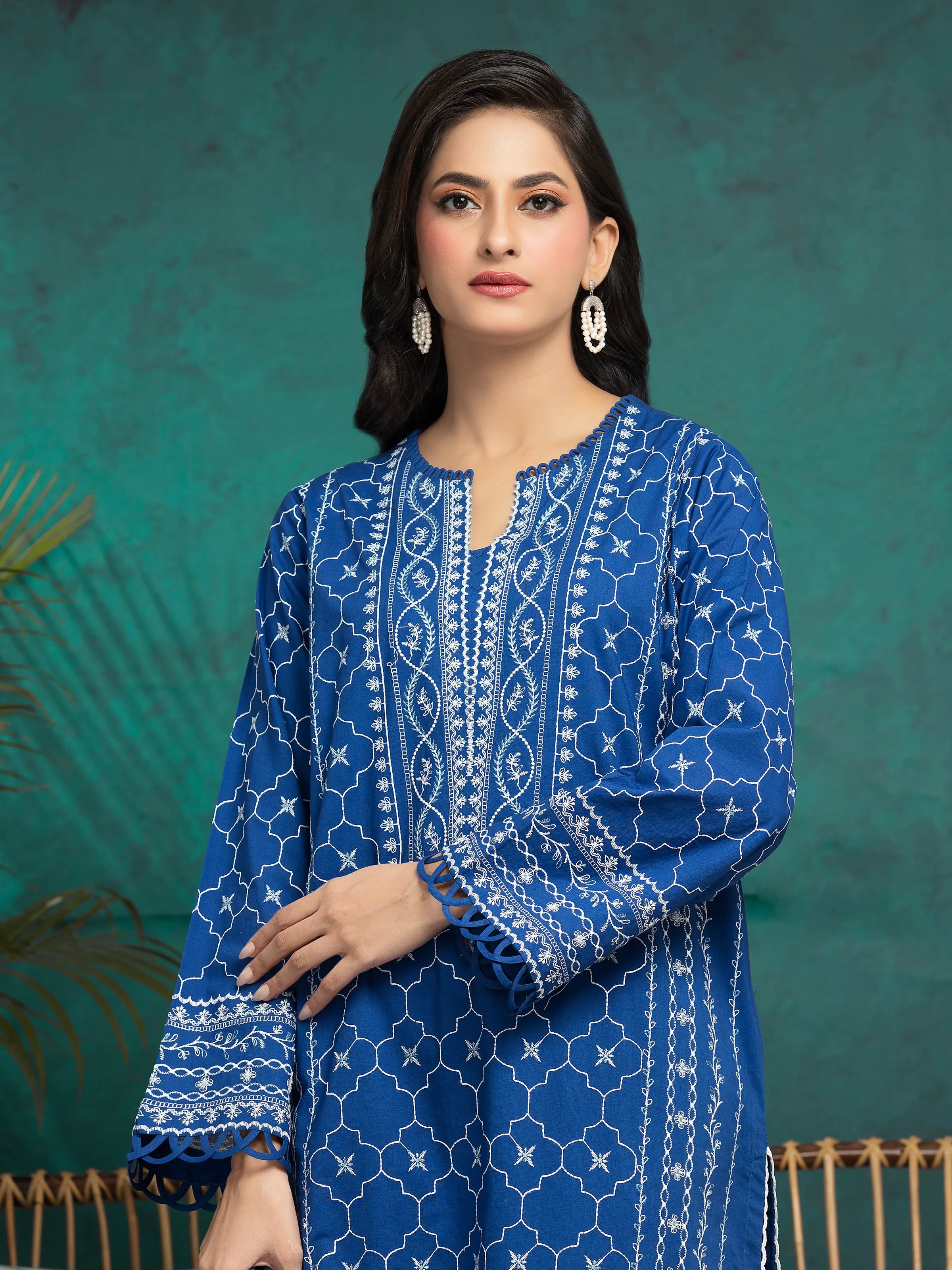 URB Unstitched Royal Blue Embroidered Cambric 3 Piece
