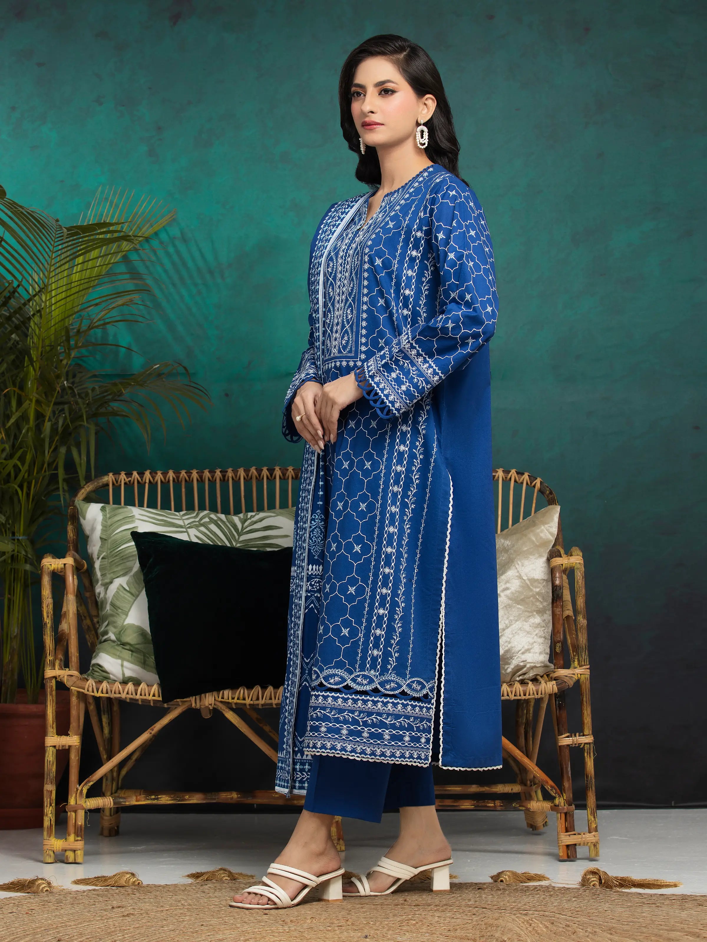 URB Unstitched Royal Blue Embroidered Cambric 3 Piece