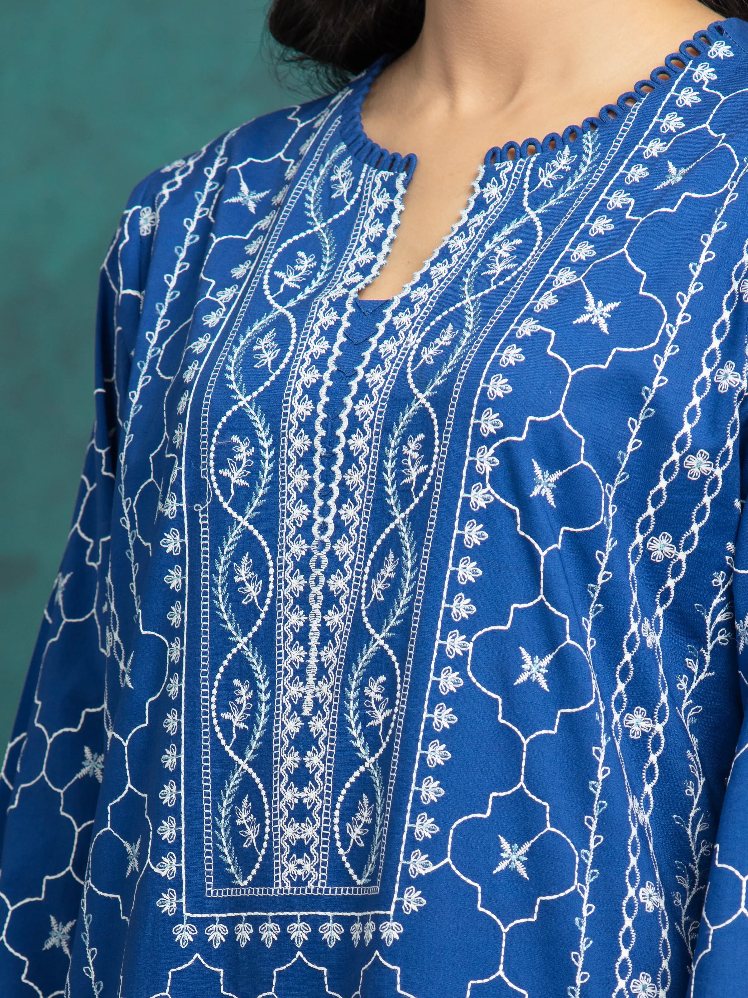 URB Unstitched Royal Blue Embroidered Cambric 3 Piece