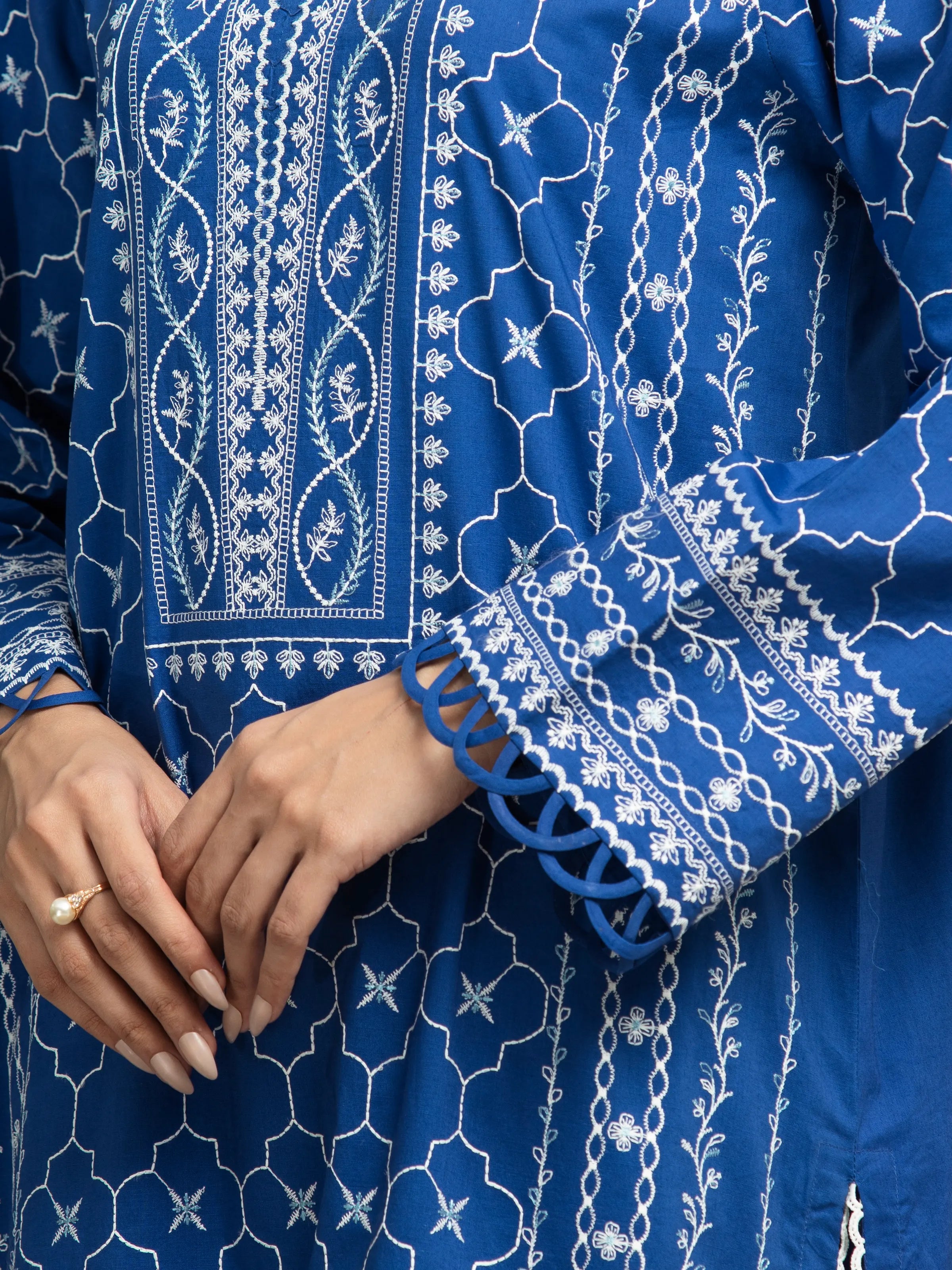 URB Unstitched Royal Blue Embroidered Cambric 3 Piece