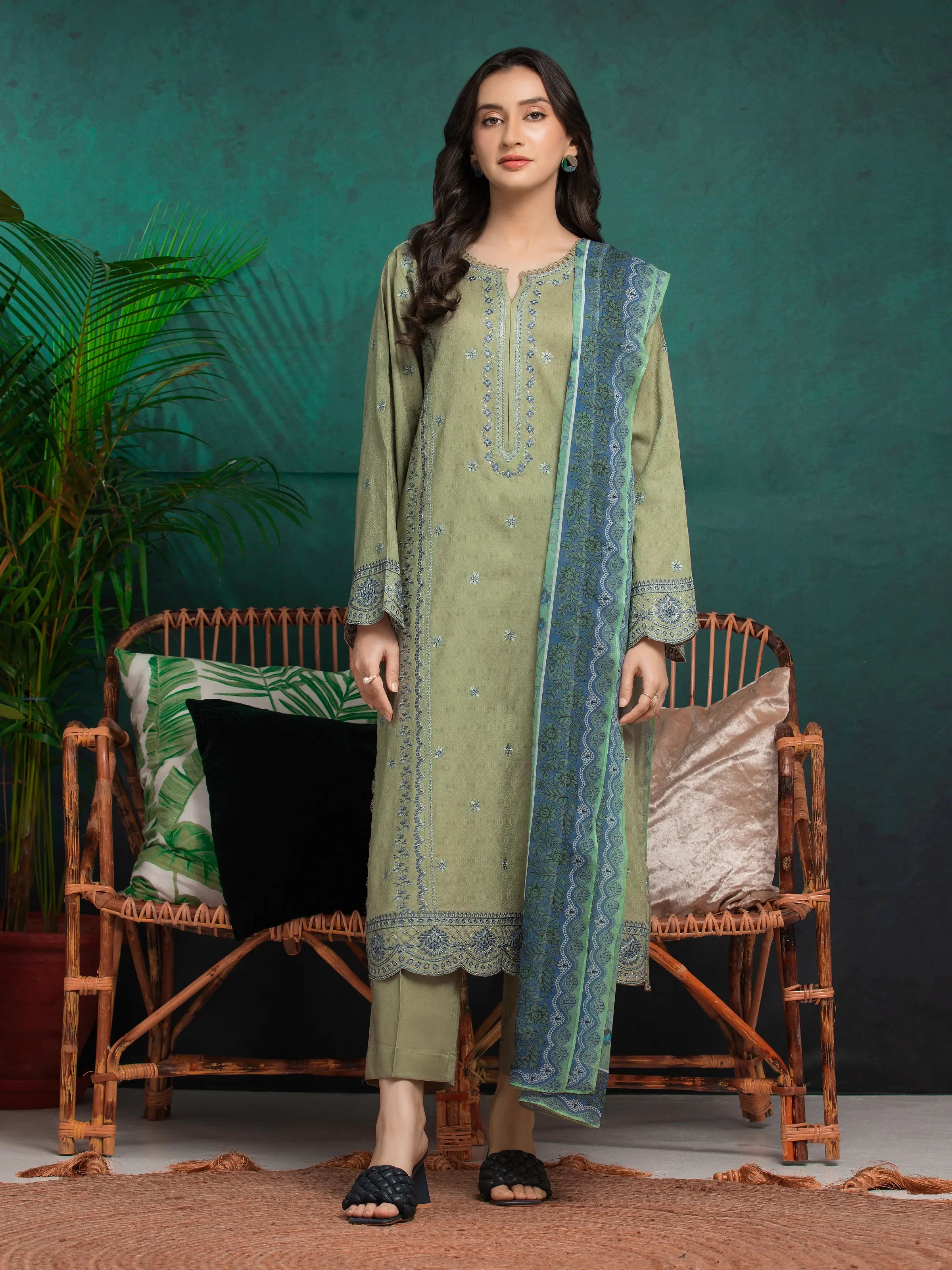 URB Unstitched Sage Green Embroidered Dobby 3 Piece