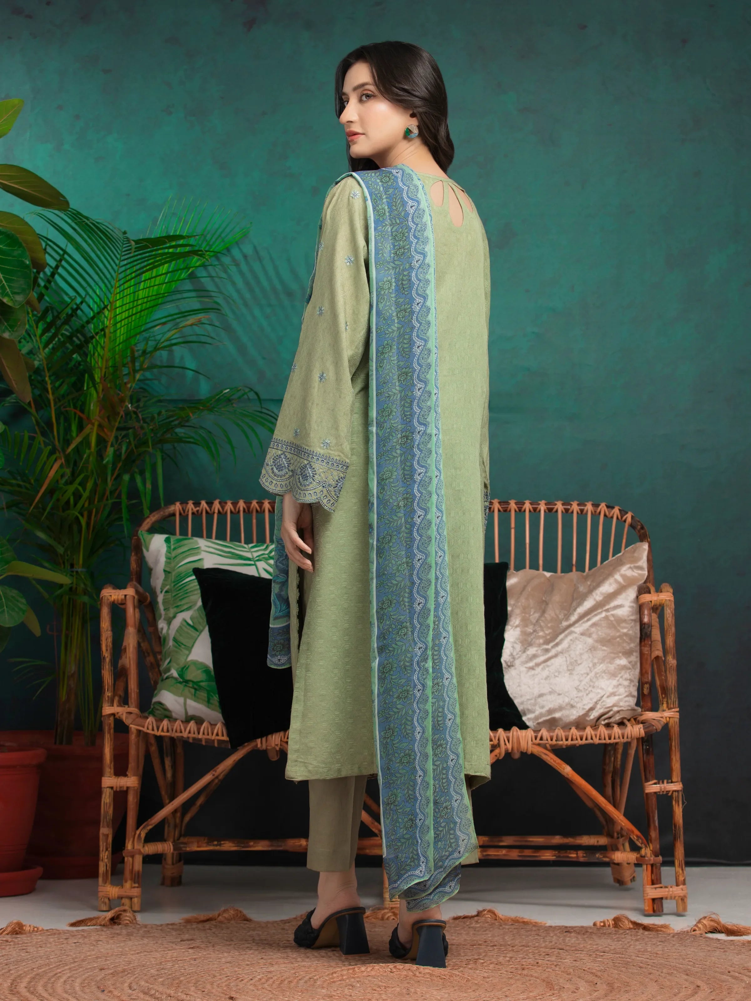 URB Unstitched Sage Green Embroidered Dobby 3 Piece