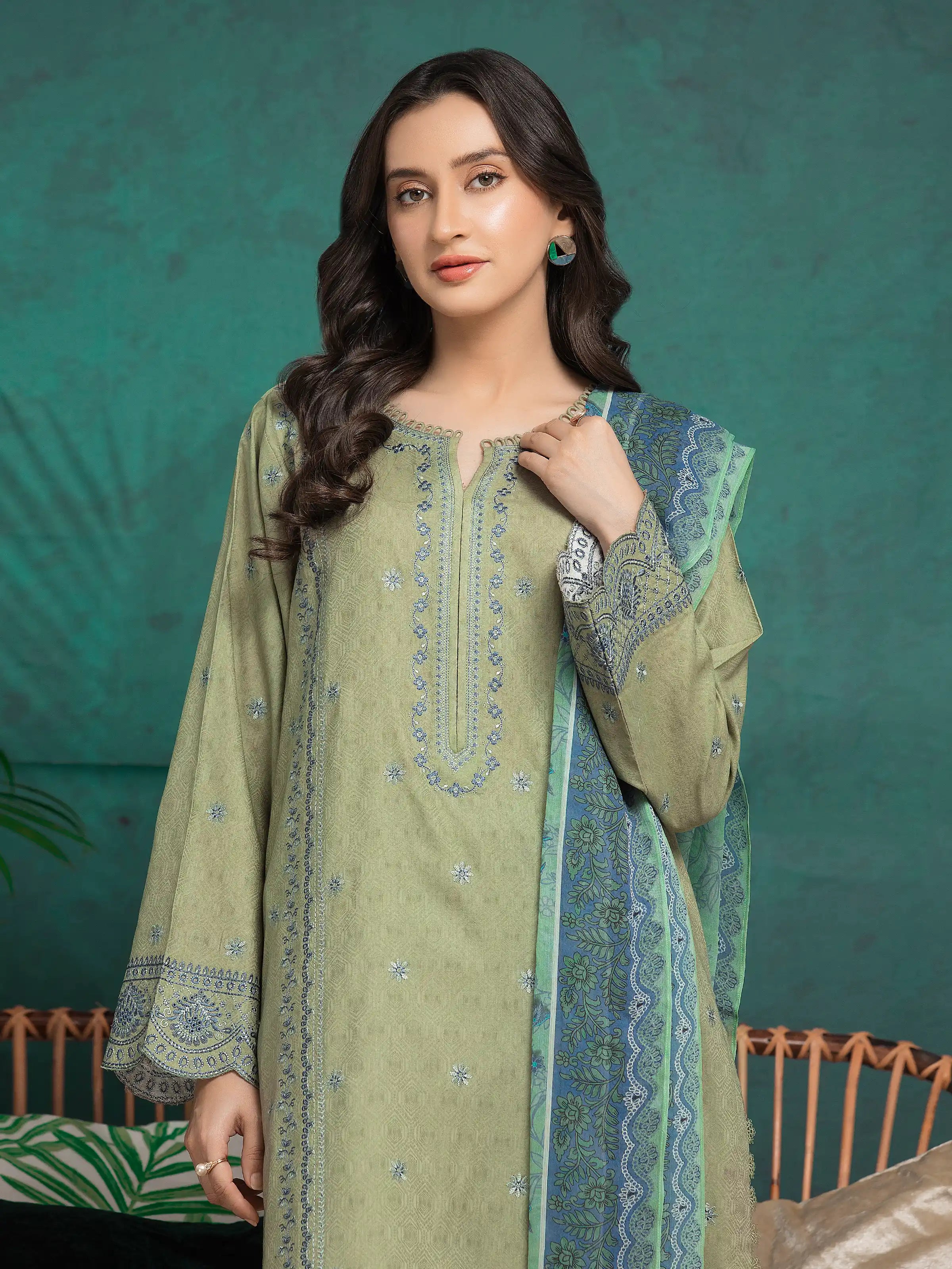 URB Unstitched Sage Green Embroidered Dobby 3 Piece