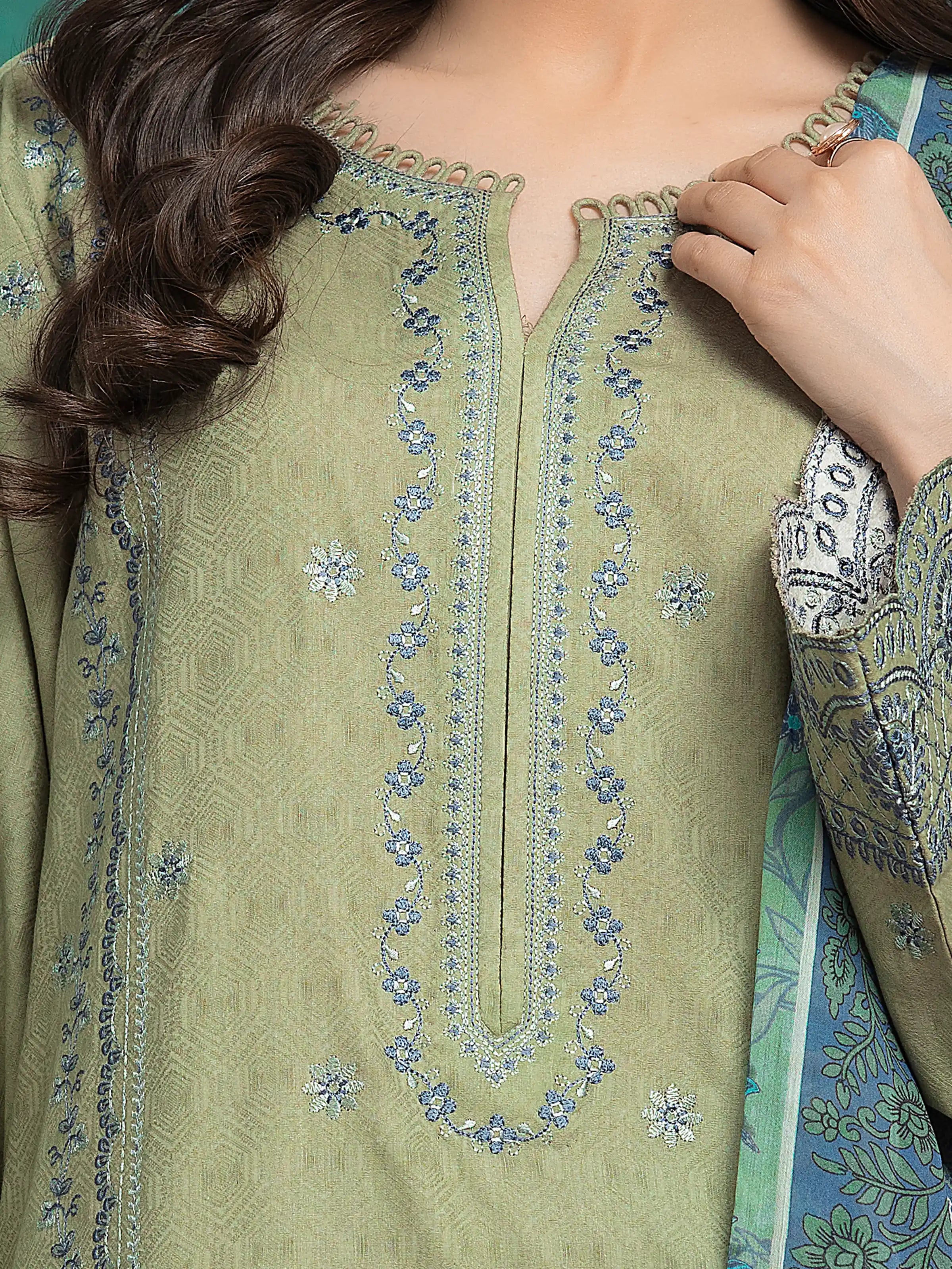 URB Unstitched Sage Green Embroidered Dobby 3 Piece