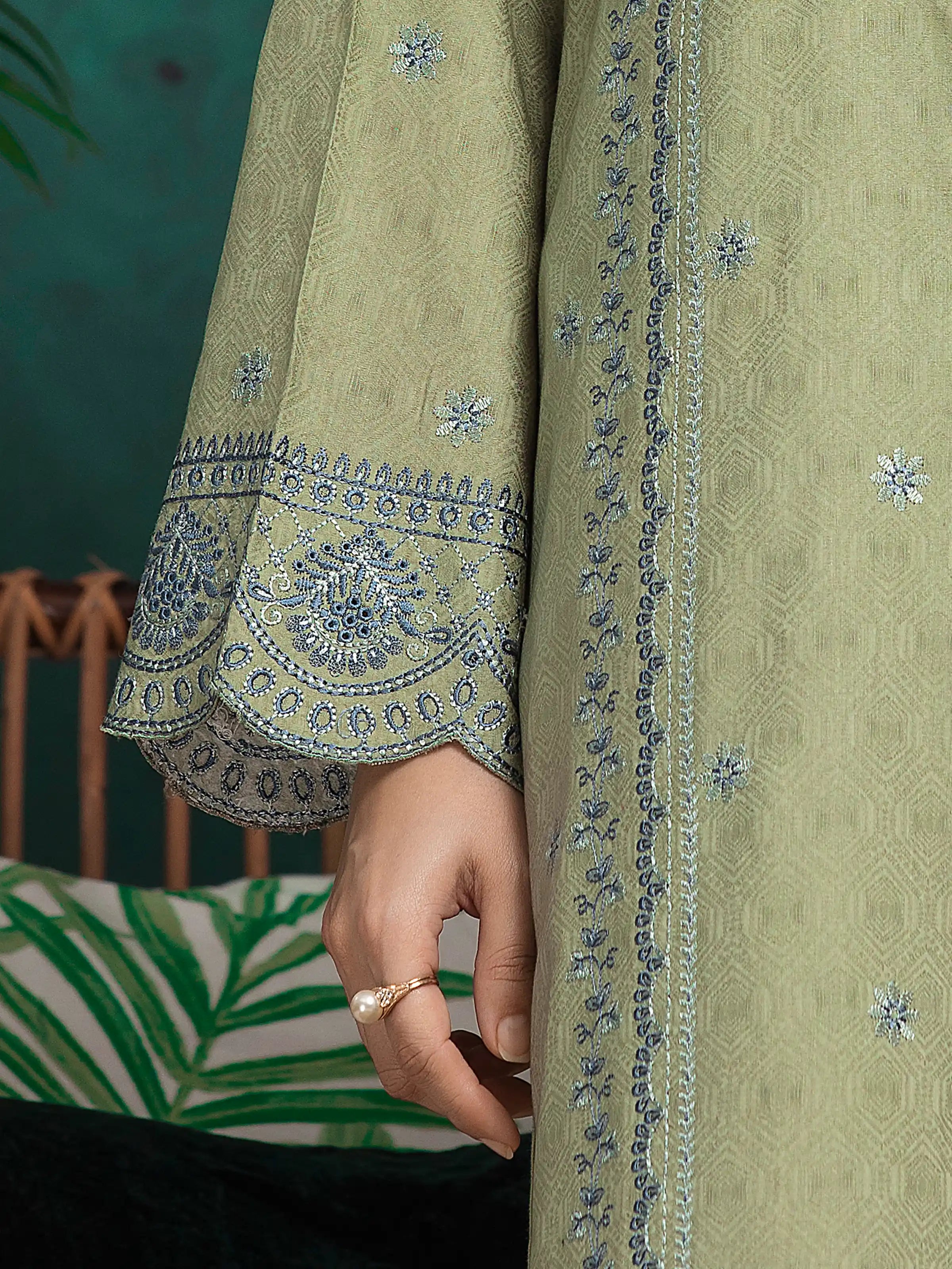 URB Unstitched Sage Green Embroidered Dobby 3 Piece