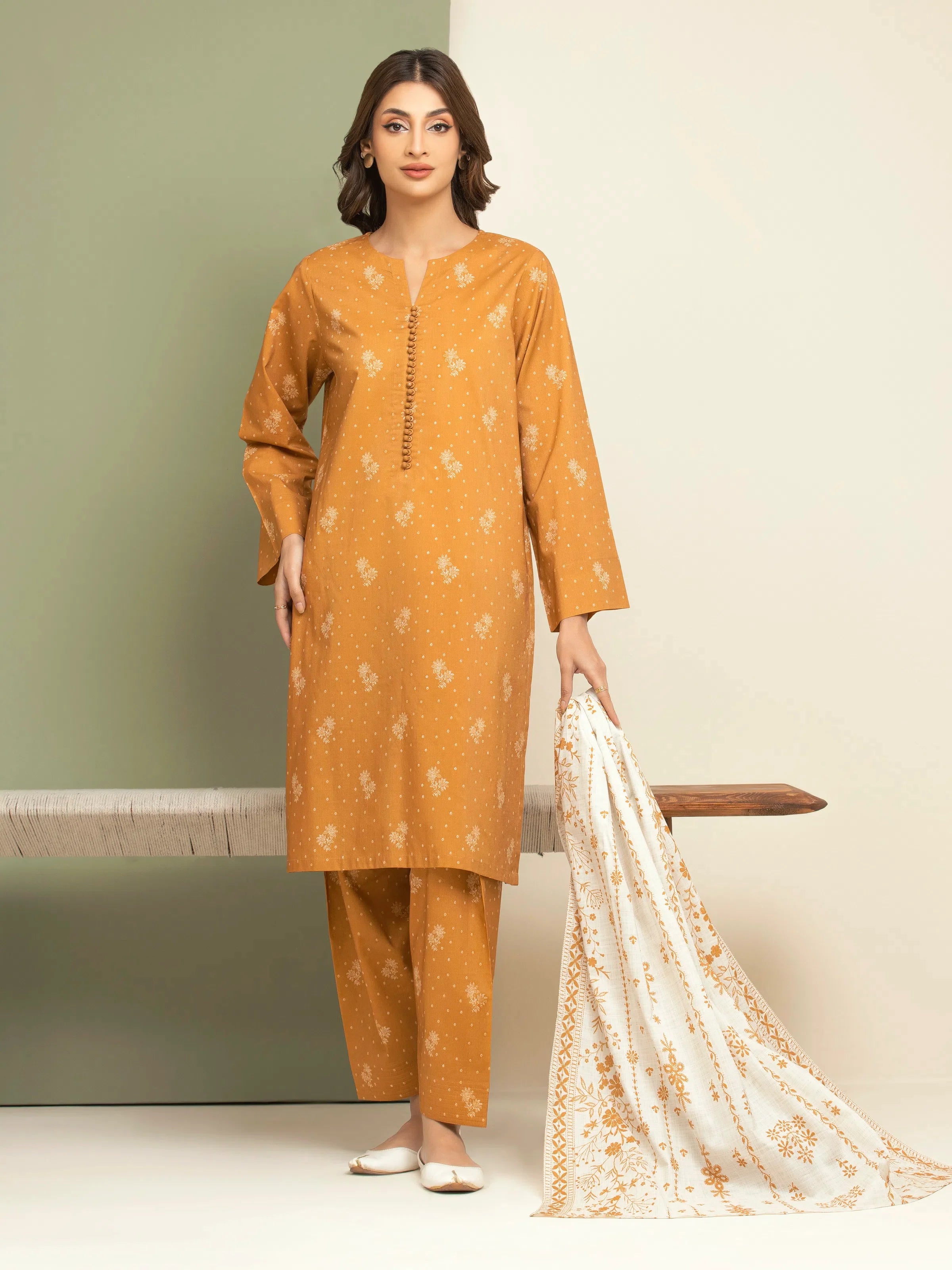 3 Piece Unstitched Lawn Suit Mustard Printed