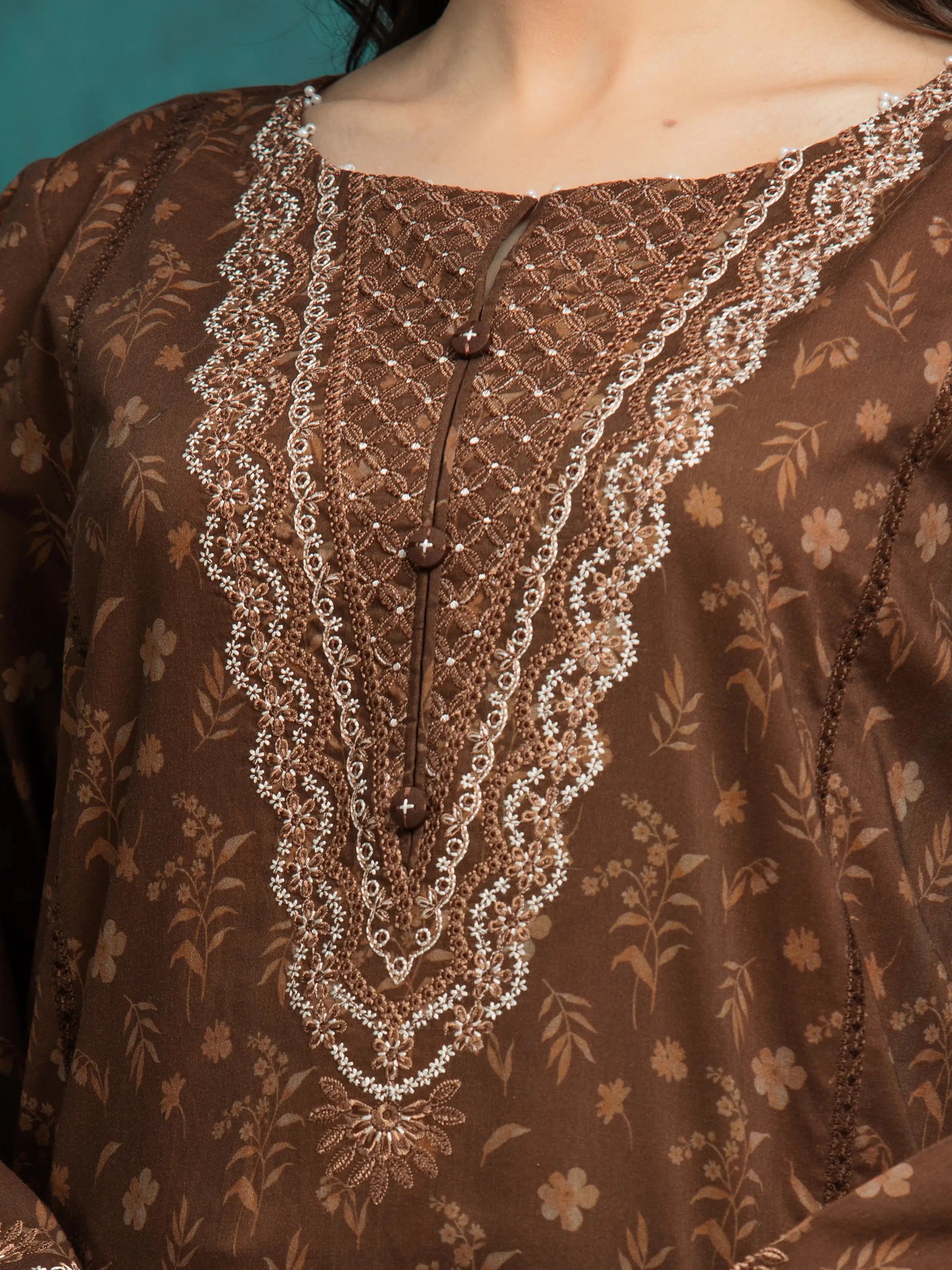 URB Unstitched Brown Embroidered Khaddar 3 Piece