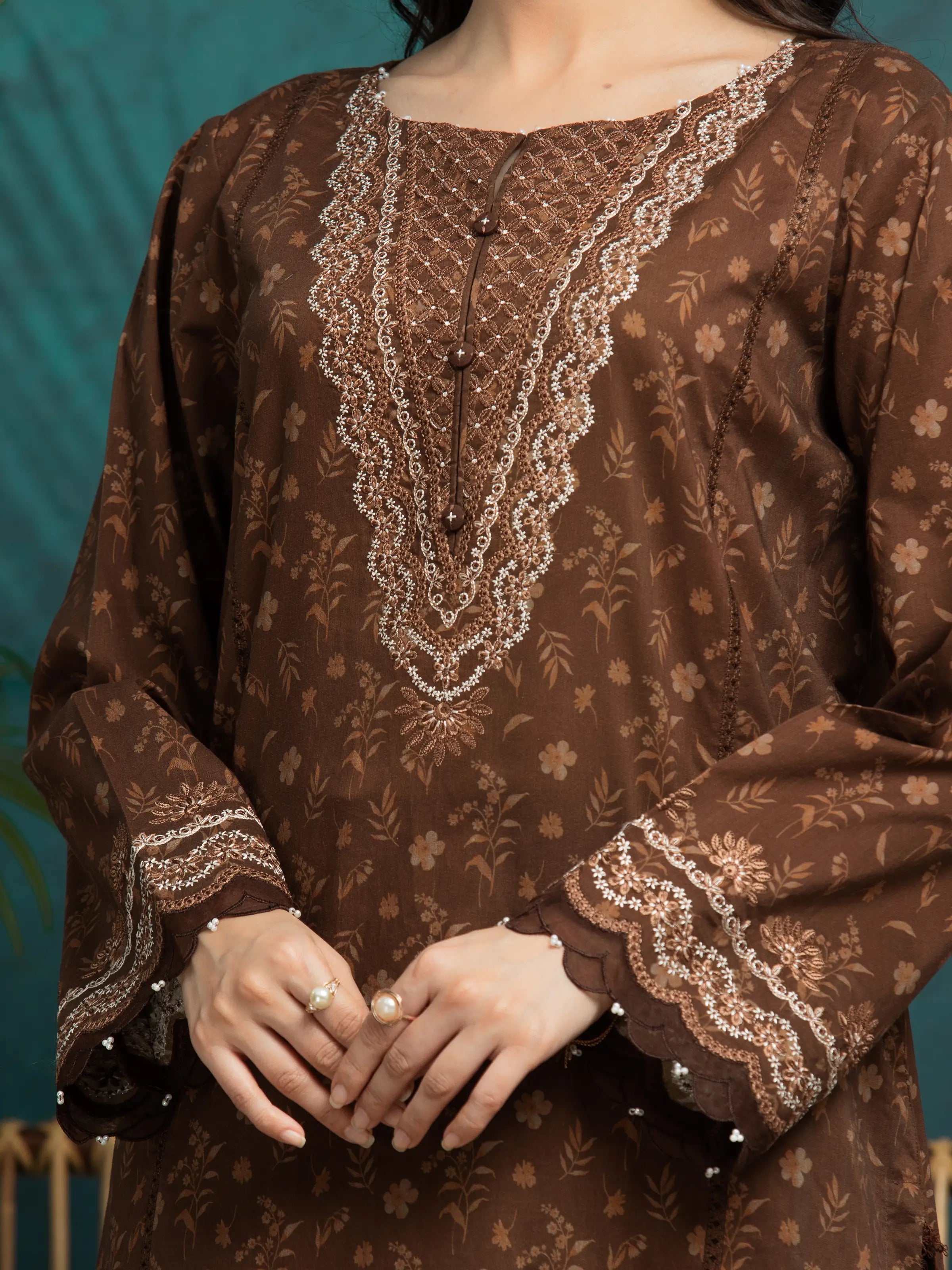 URB Unstitched Brown Embroidered Khaddar 3 Piece