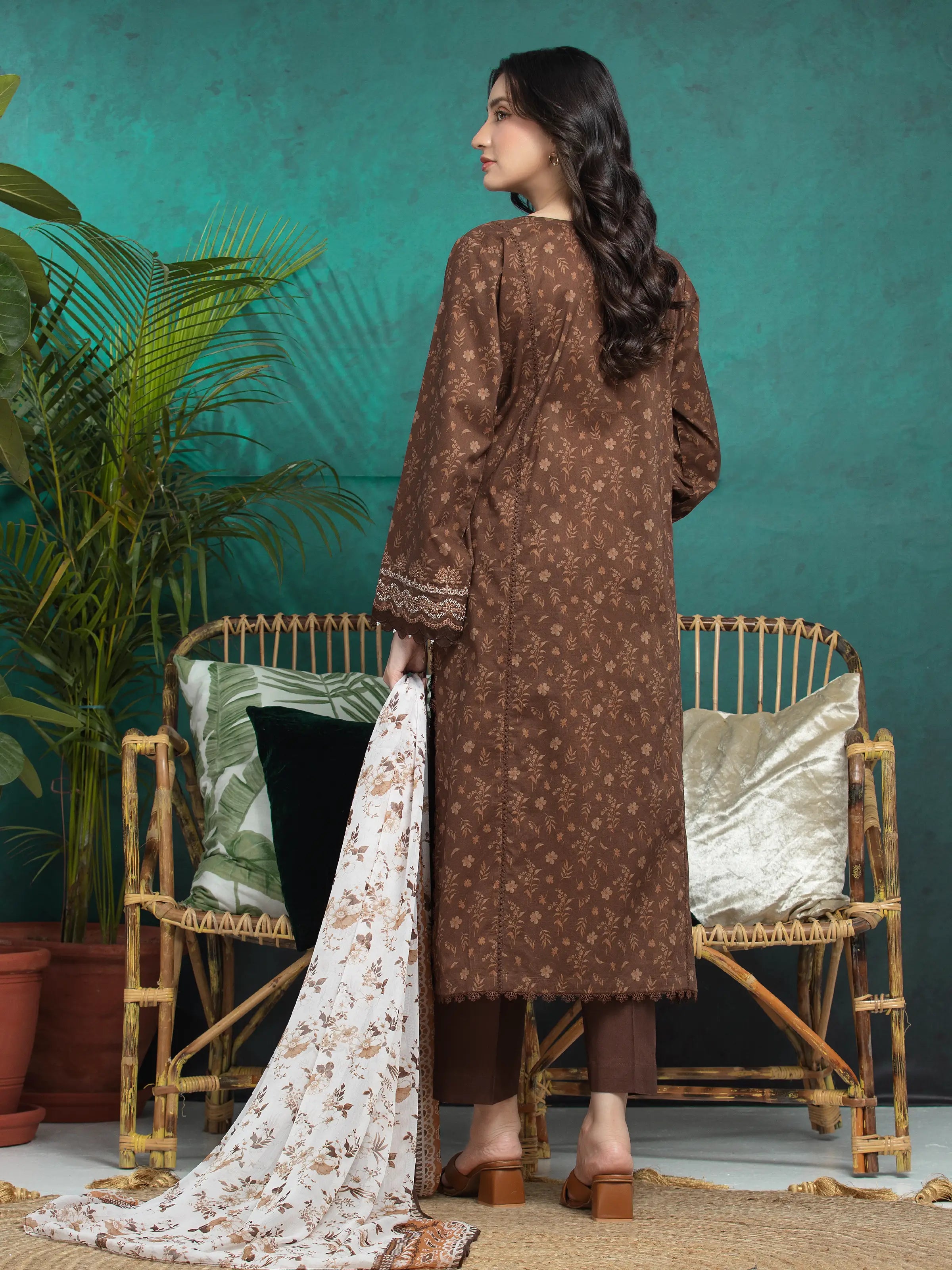 URB Unstitched Brown Embroidered Khaddar 3 Piece