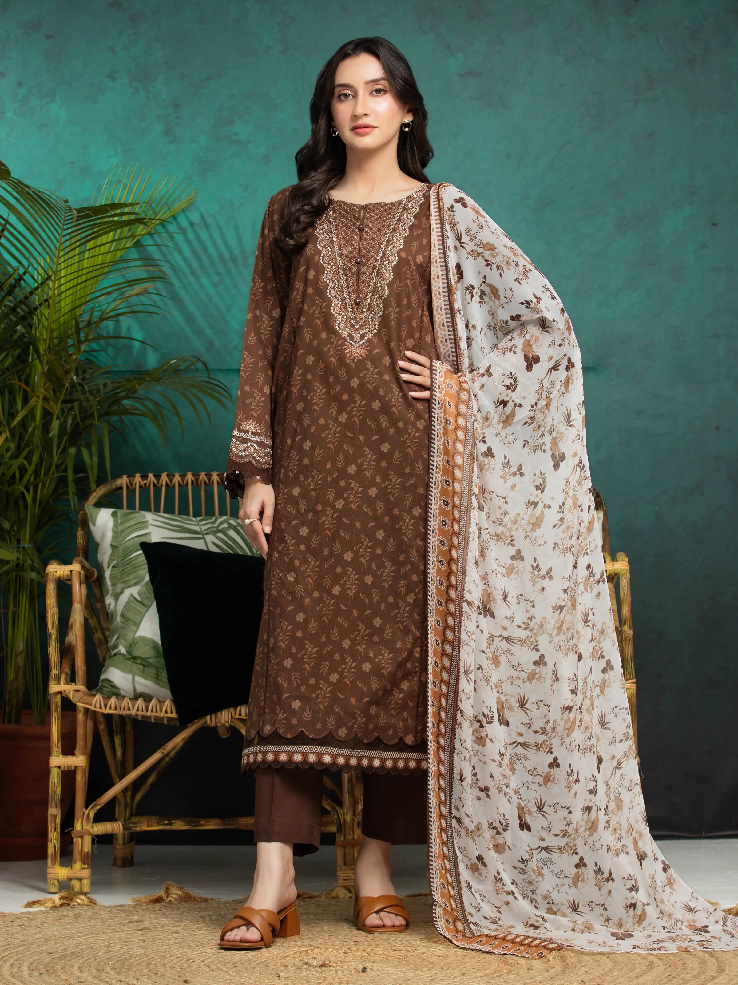 URB Unstitched Brown Embroidered Khaddar 3 Piece