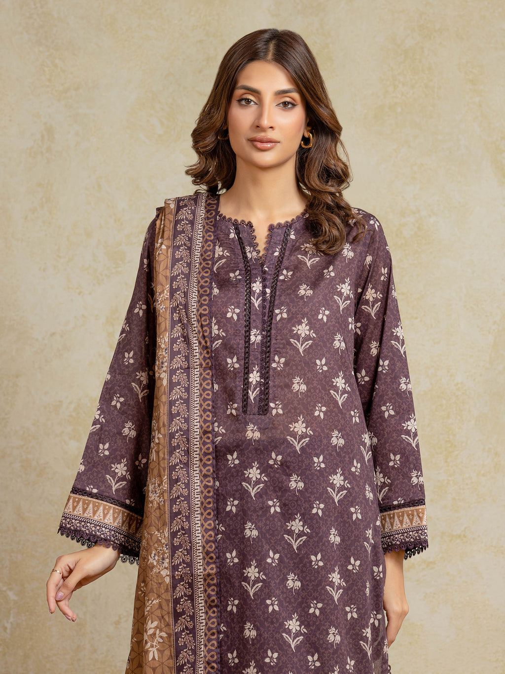 Unstitched Plum Printed Khaddar 3 Piece