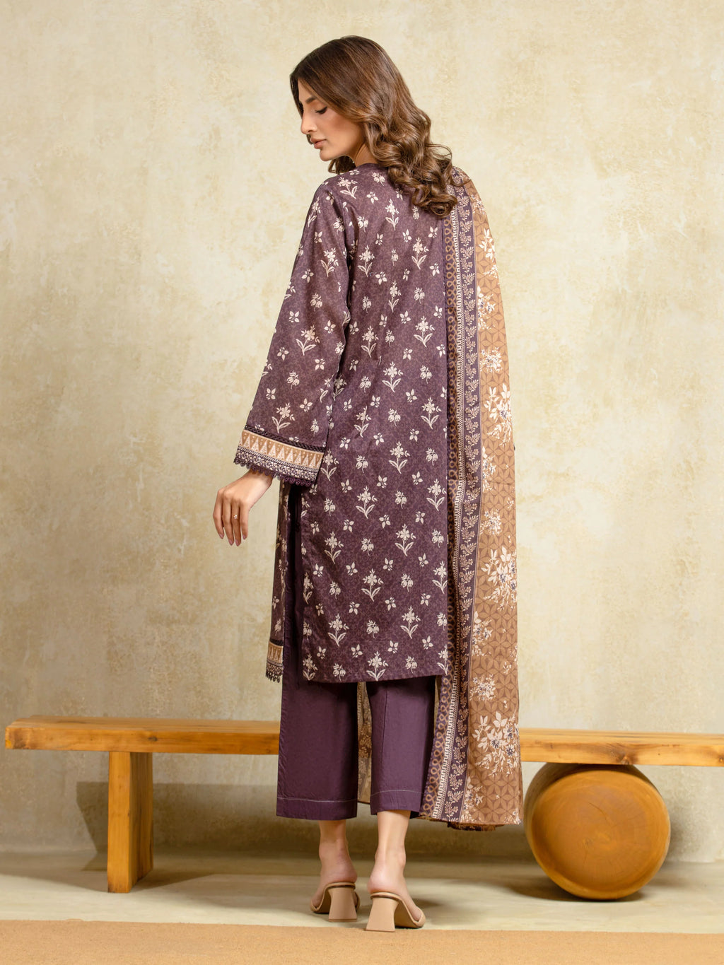 Unstitched Plum Printed Khaddar 3 Piece