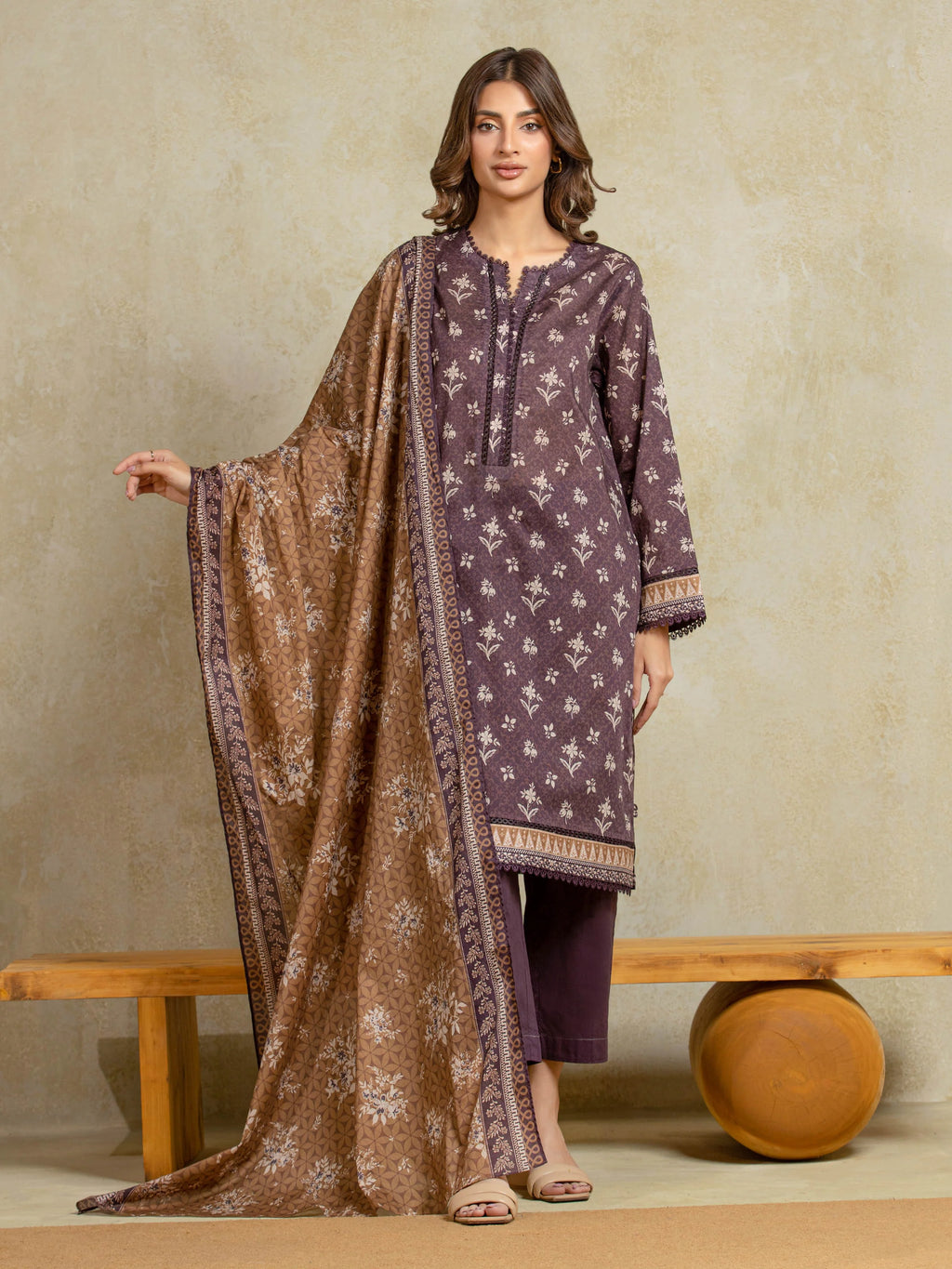 Unstitched Plum Printed Khaddar 3 Piece