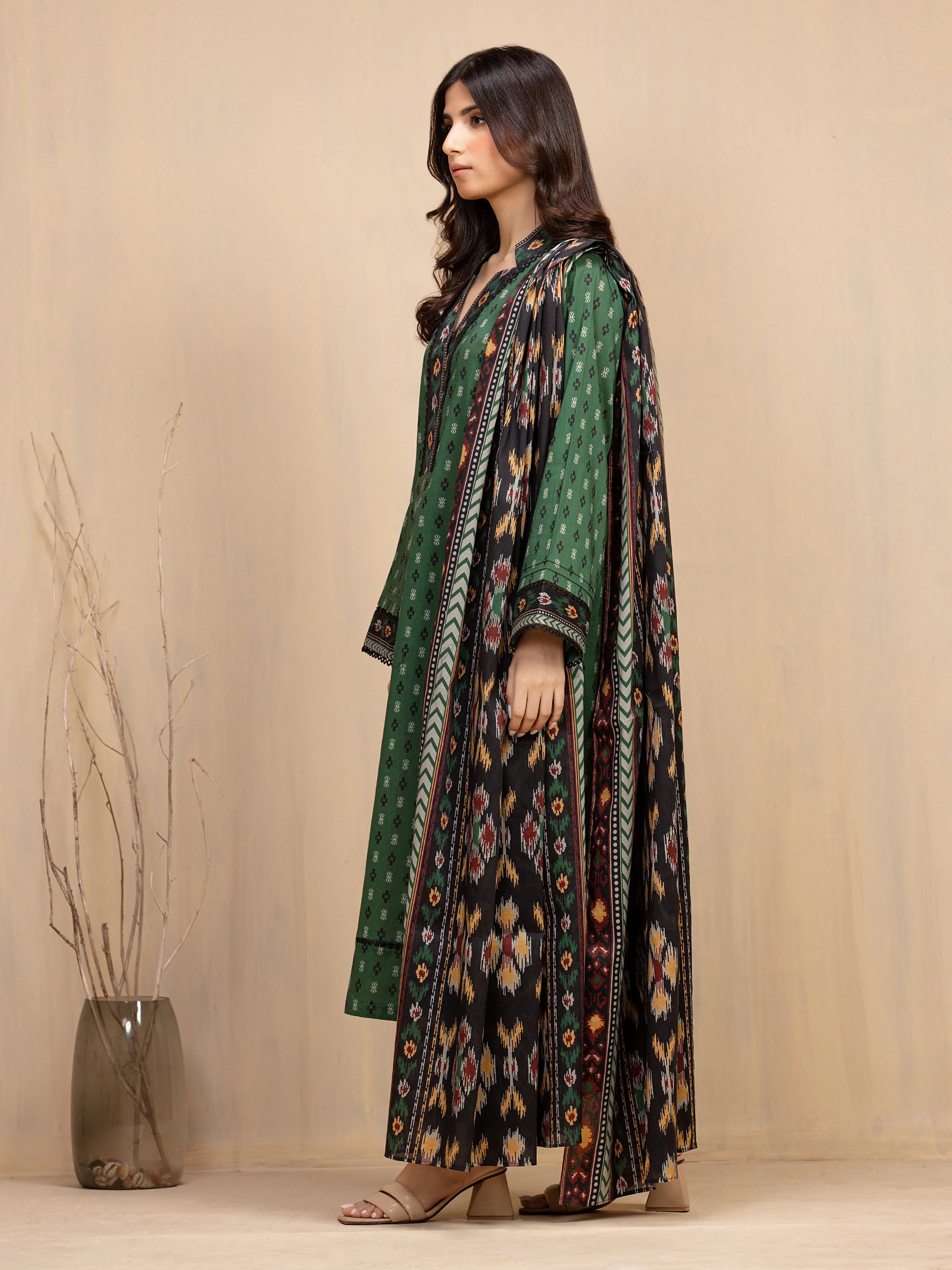 Unstitched Dark Green Printed Khaddar 3 Piece