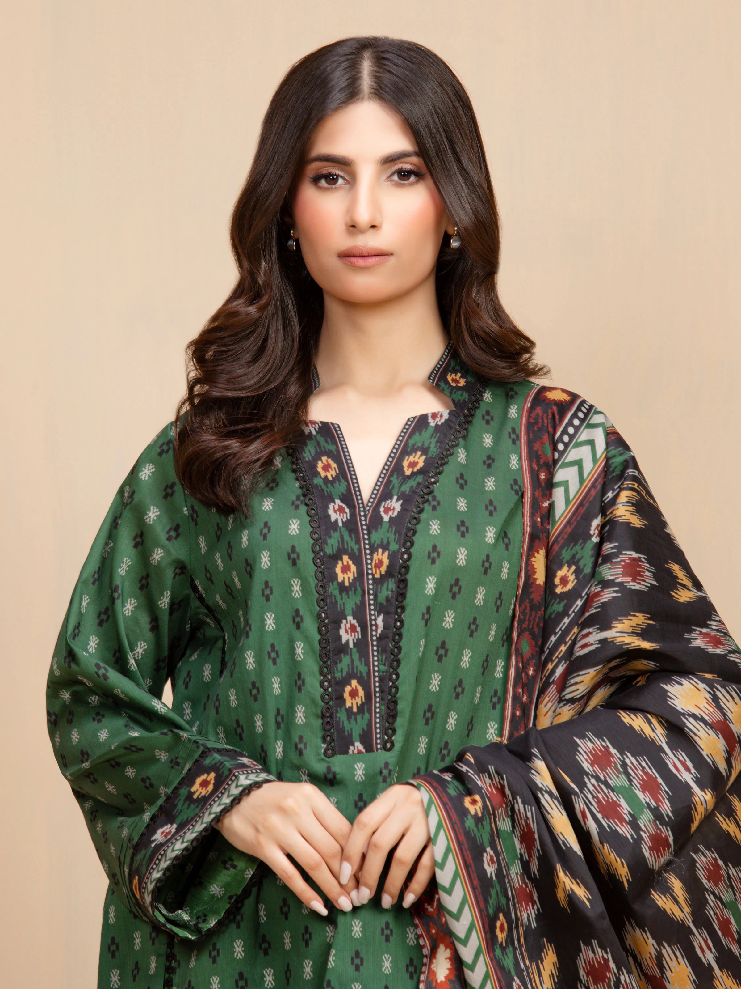 Unstitched Dark Green Printed Khaddar 3 Piece