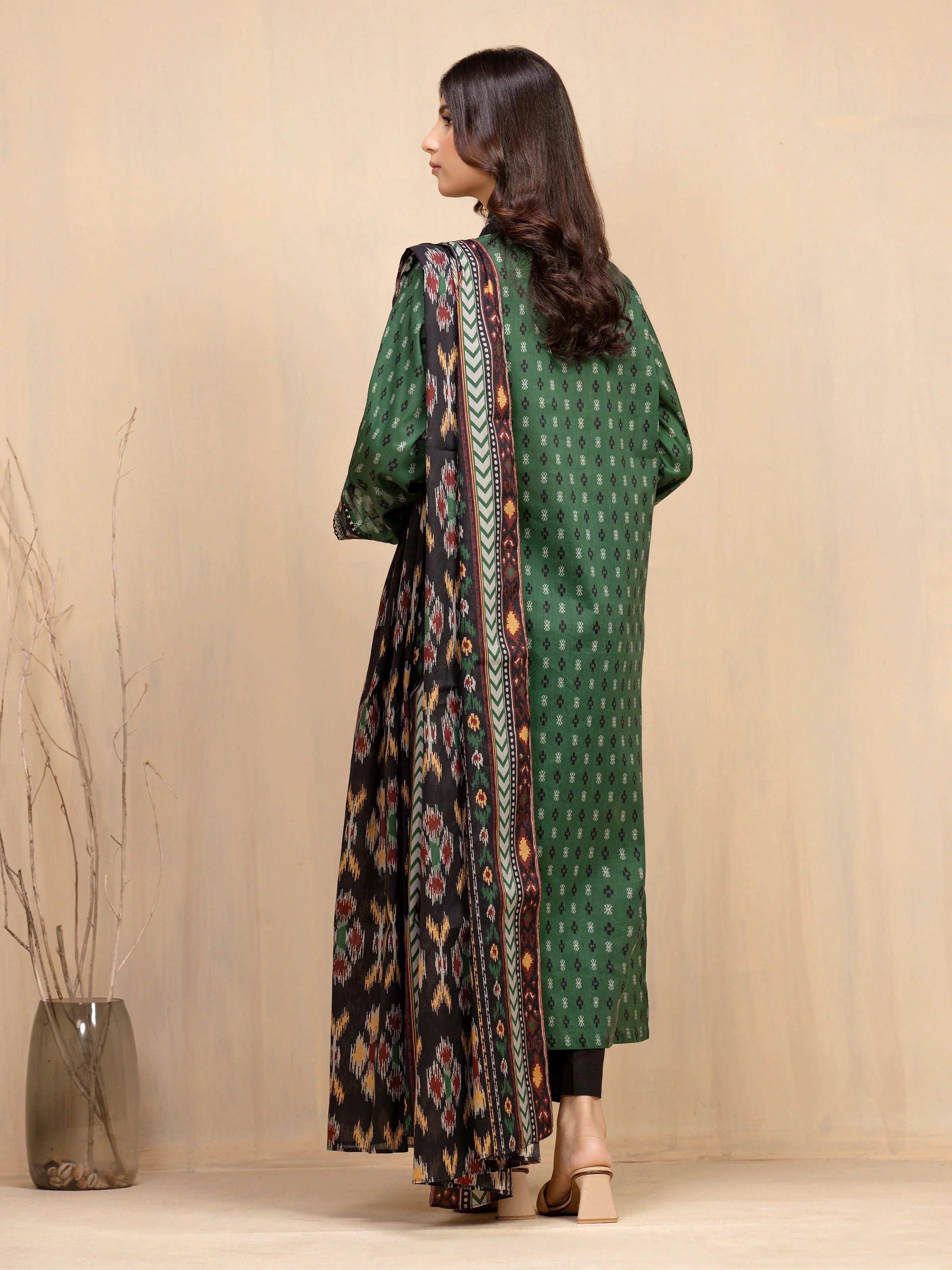 Unstitched Dark Green Printed Khaddar 3 Piece