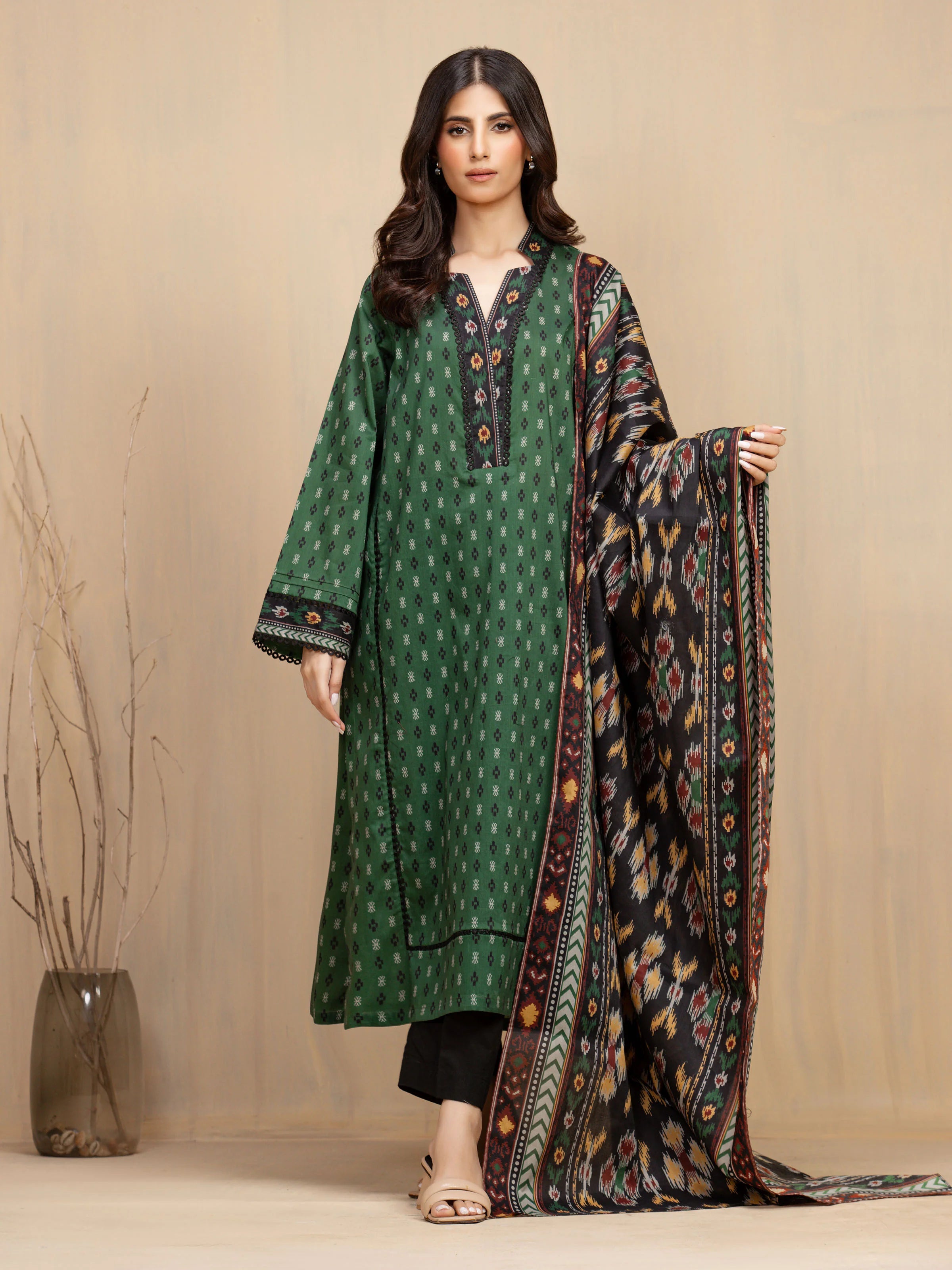 Unstitched Dark Green Printed Khaddar 3 Piece