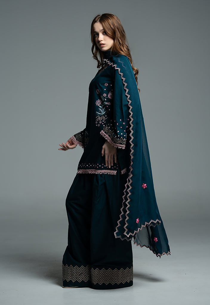 URB Teal Embroidered Cotton Set with Chiffon Dupatta