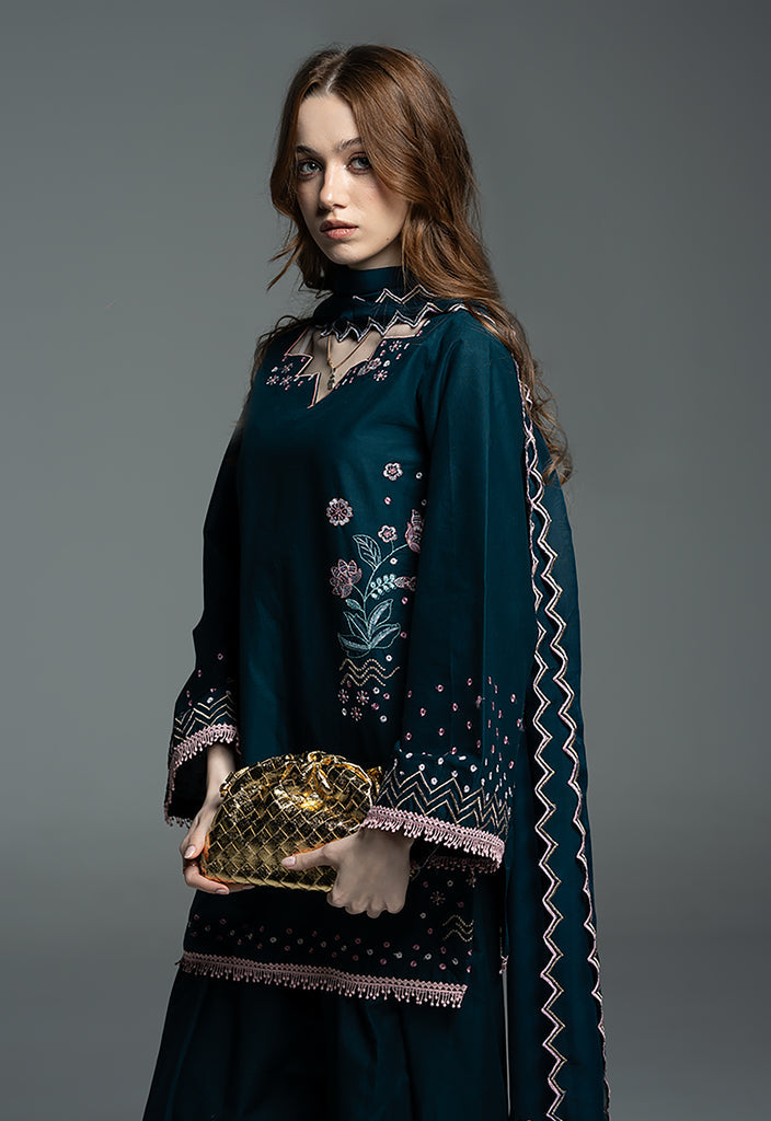 URB Teal Embroidered Cotton Set with Chiffon Dupatta