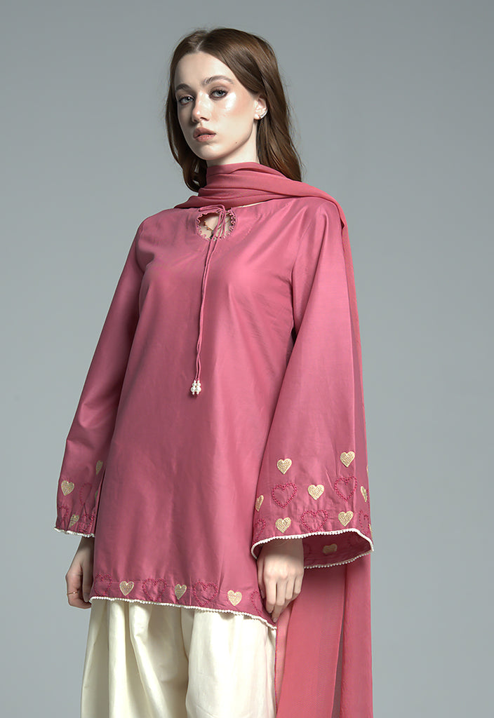 URB Mulberry Pink Embroidered Cotton Set with Chiffon Dupatta
