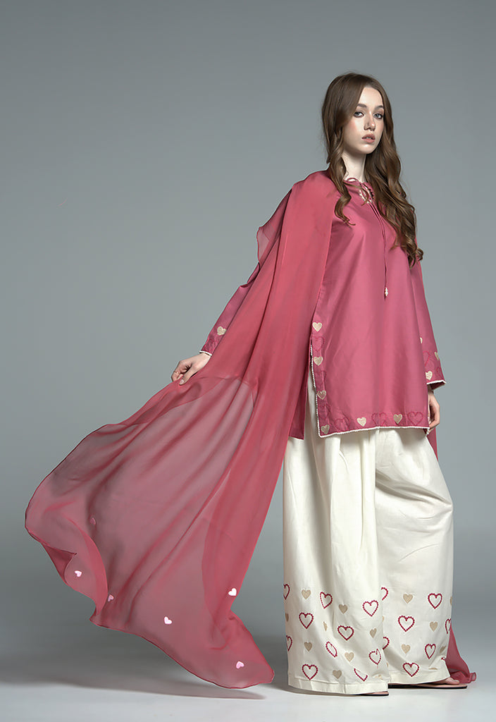 URB Mulberry Pink Embroidered Cotton Set with Chiffon Dupatta