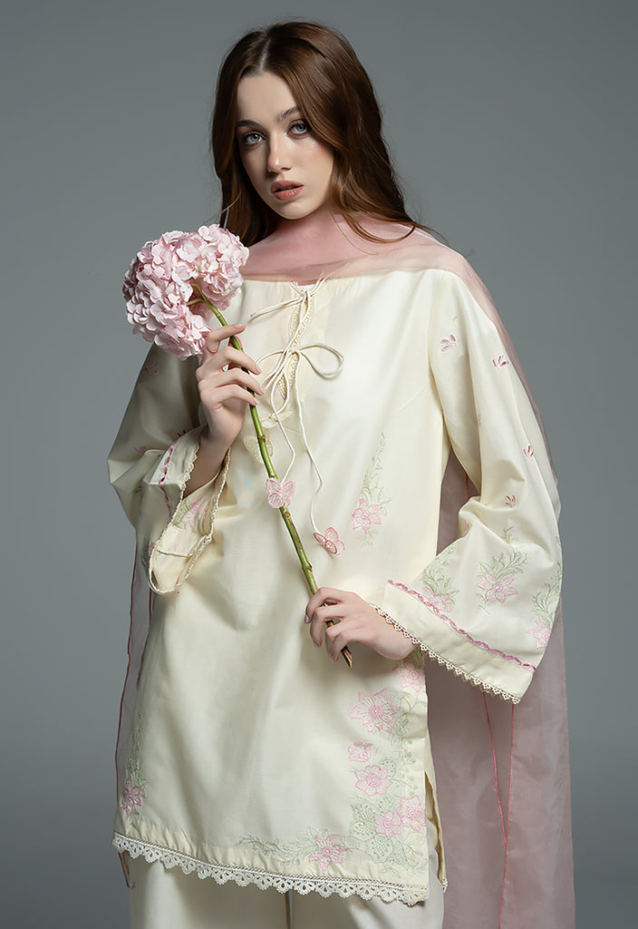 URB Buttery Yellow Embroidered Cotton Set with Organza Dupatta
