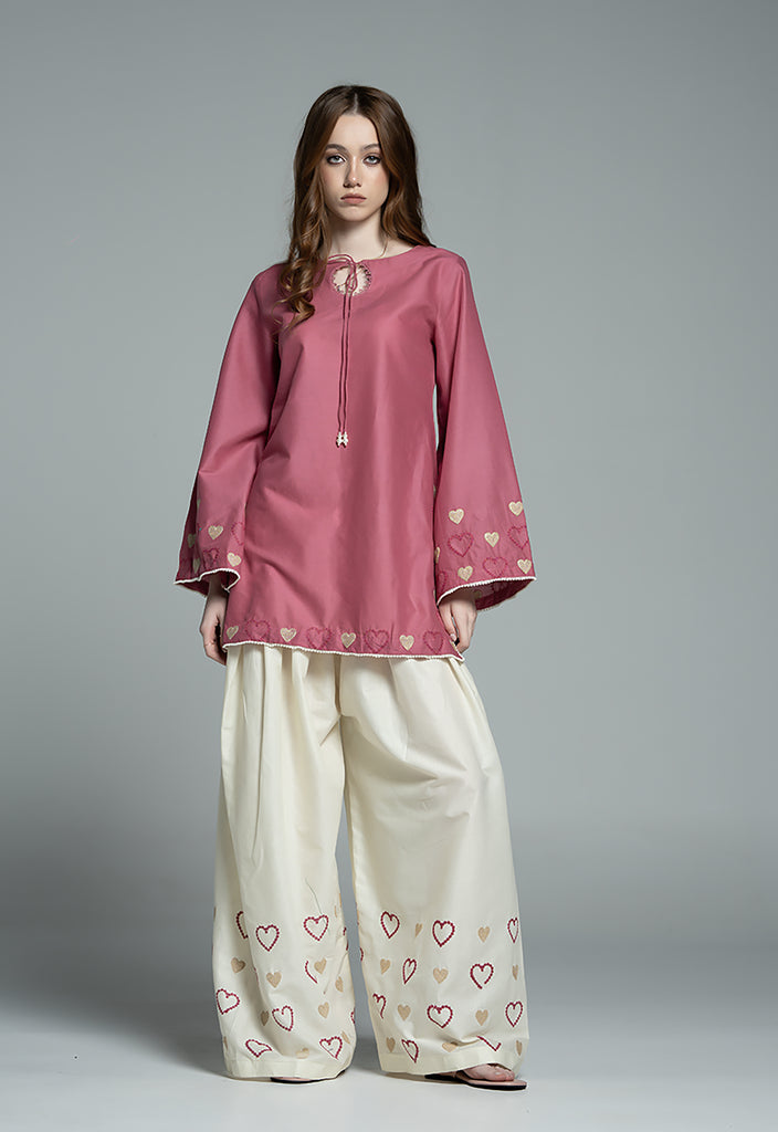 URB Mulberry Pink Embroidered Cotton Set with Chiffon Dupatta