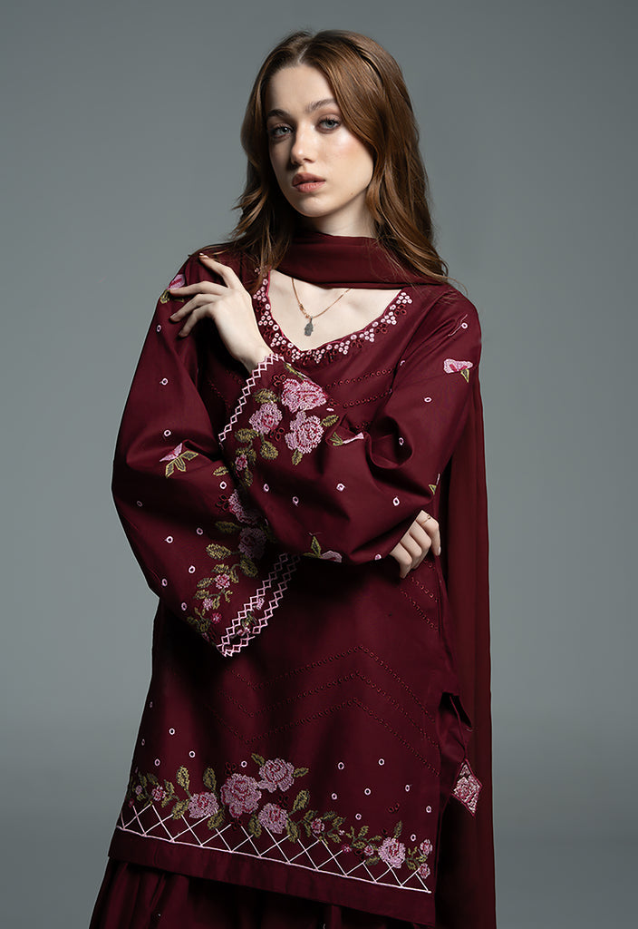 URB Maroon Embroidered Cotton Shirt with Chiffon Dupatta