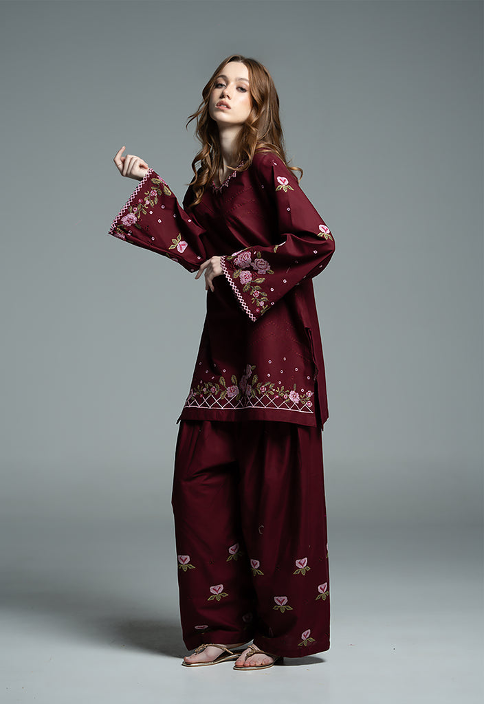 URB Maroon Embroidered Cotton Shirt with Chiffon Dupatta