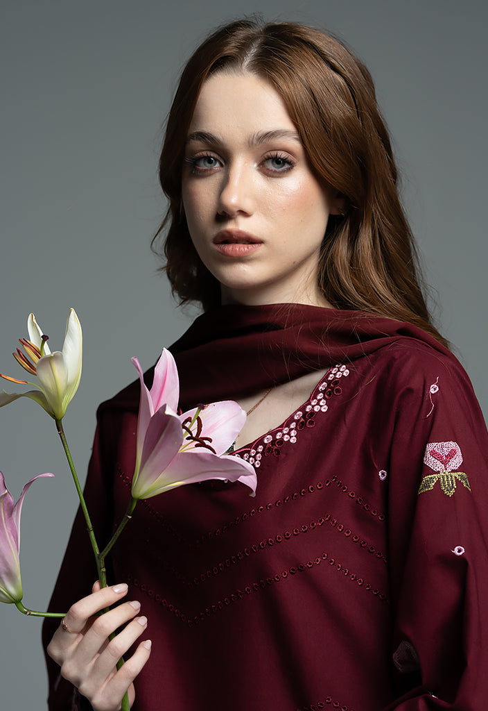 URB Maroon Embroidered Cotton Shirt with Chiffon Dupatta