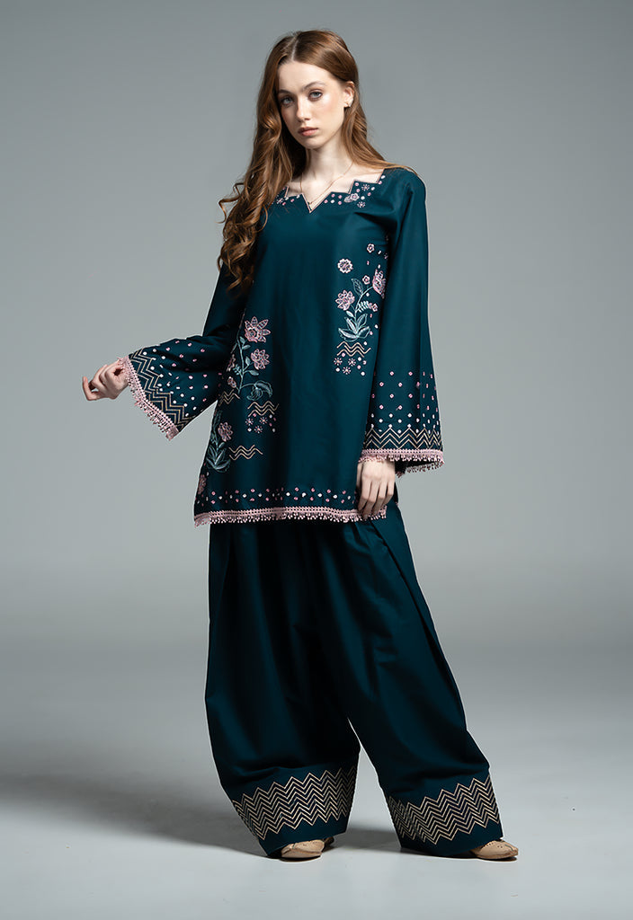 URB Teal Embroidered Cotton Set with Chiffon Dupatta