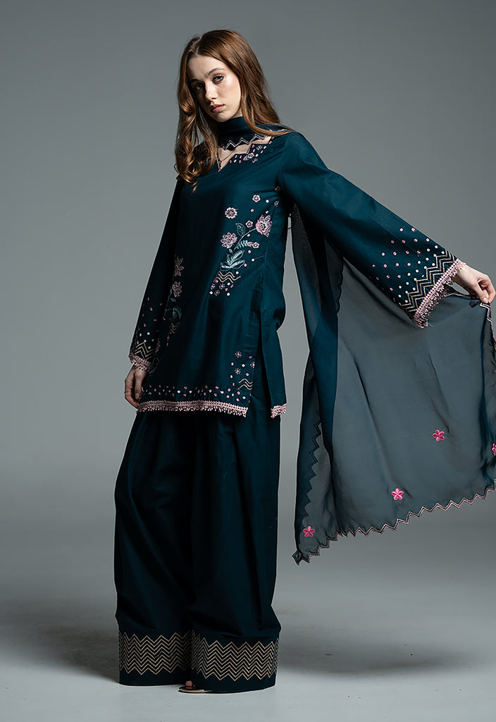 URB Teal Embroidered Cotton Set with Chiffon Dupatta