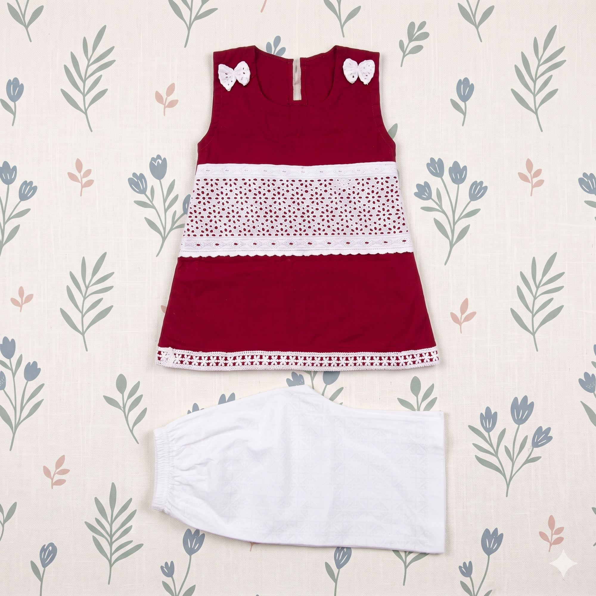 Girls Maroon & White Lace Cotton Suit