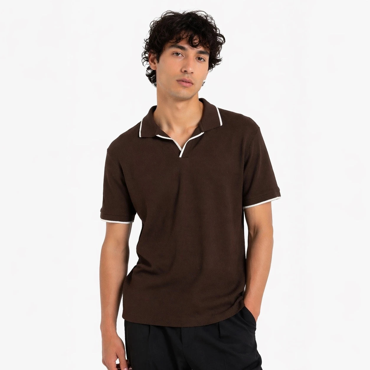 ZARA JHONNY COLLAR WAFFLE KNIT POLO SHIRT (BROWN)