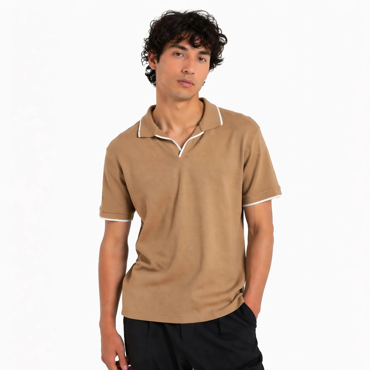 ZARA JHONNY COLLAR WAFFLE KNIT POLO SHIRT (KHAKHI)