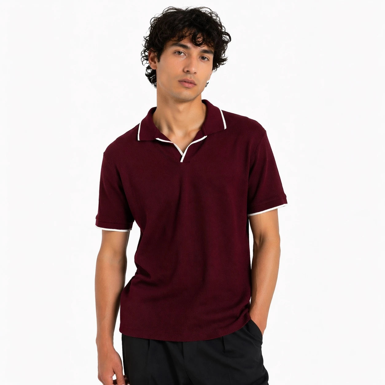 ZARA JHONNY COLLAR WAFFLE KNIT POLO SHIRT (MAROON)