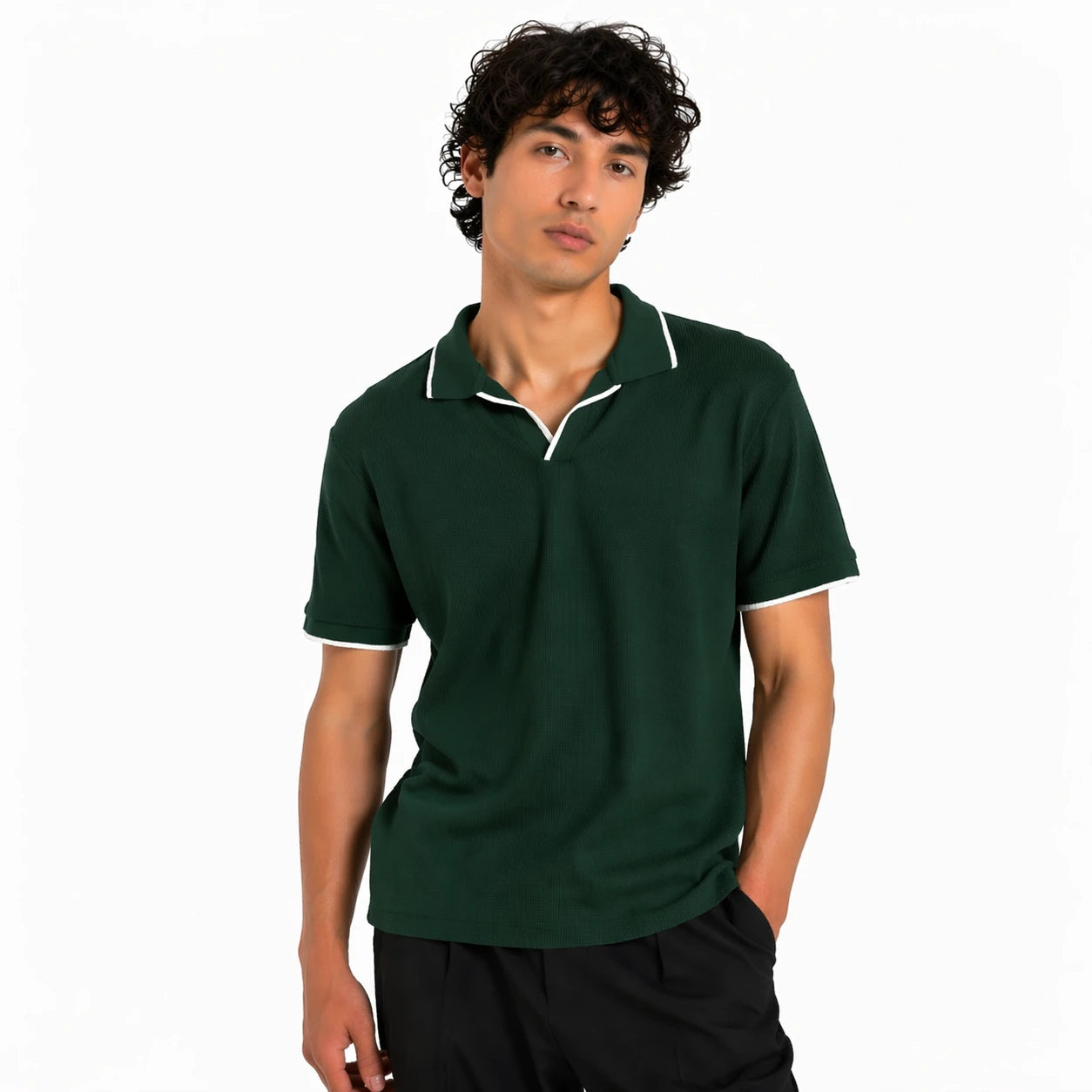 ZARA JHONNY COLLAR WAFFLE KNIT POLO SHIRT (GREEN)
