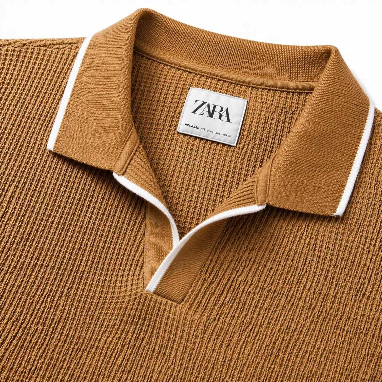 ZARA JHONNY COLLAR WAFFLE KNIT POLO SHIRT (KHAKHI)